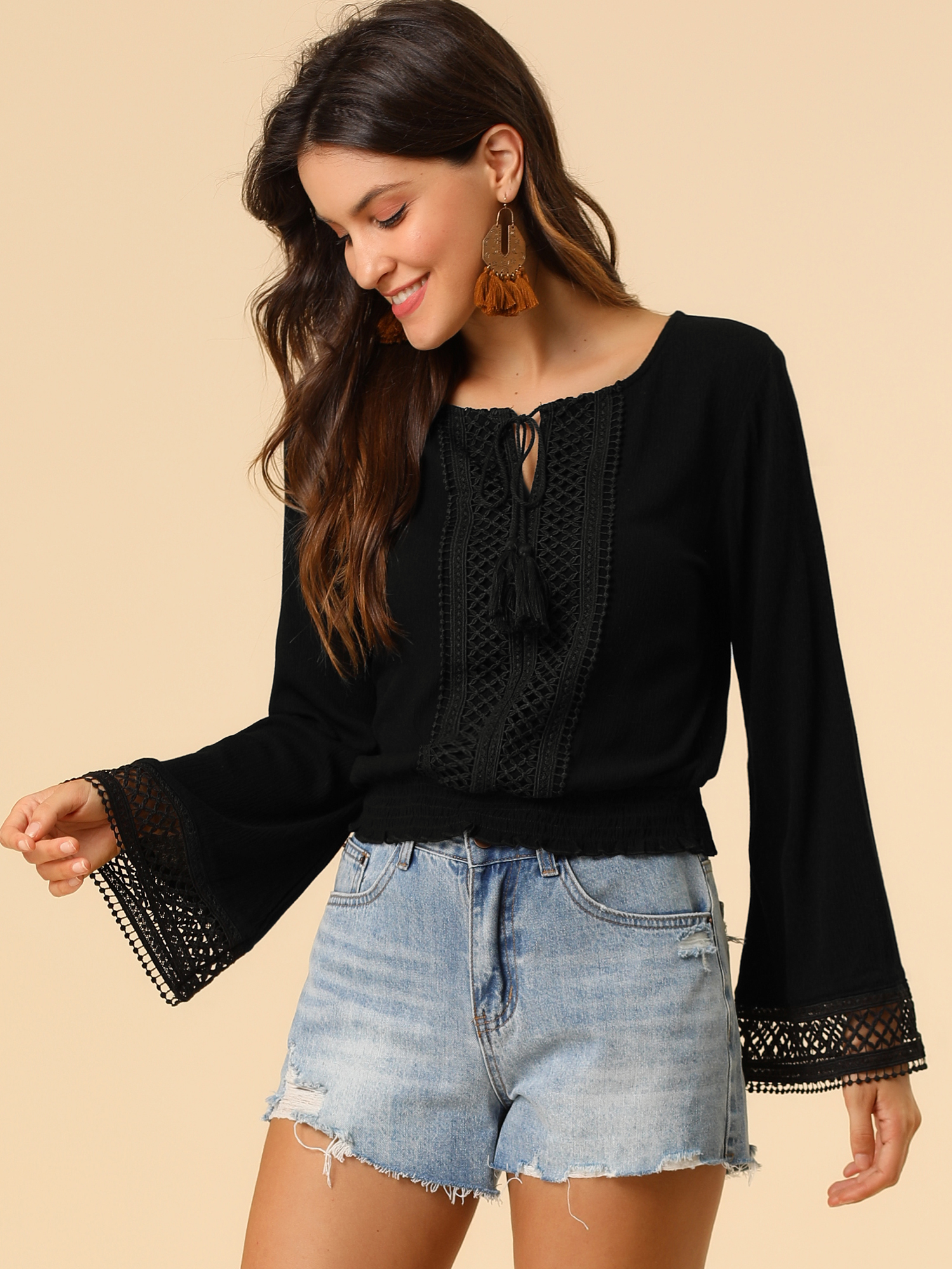Boho Beach Blouse Bell Sleeve Lace Trim Tie Neck Peasant Smocked Top Black/XL