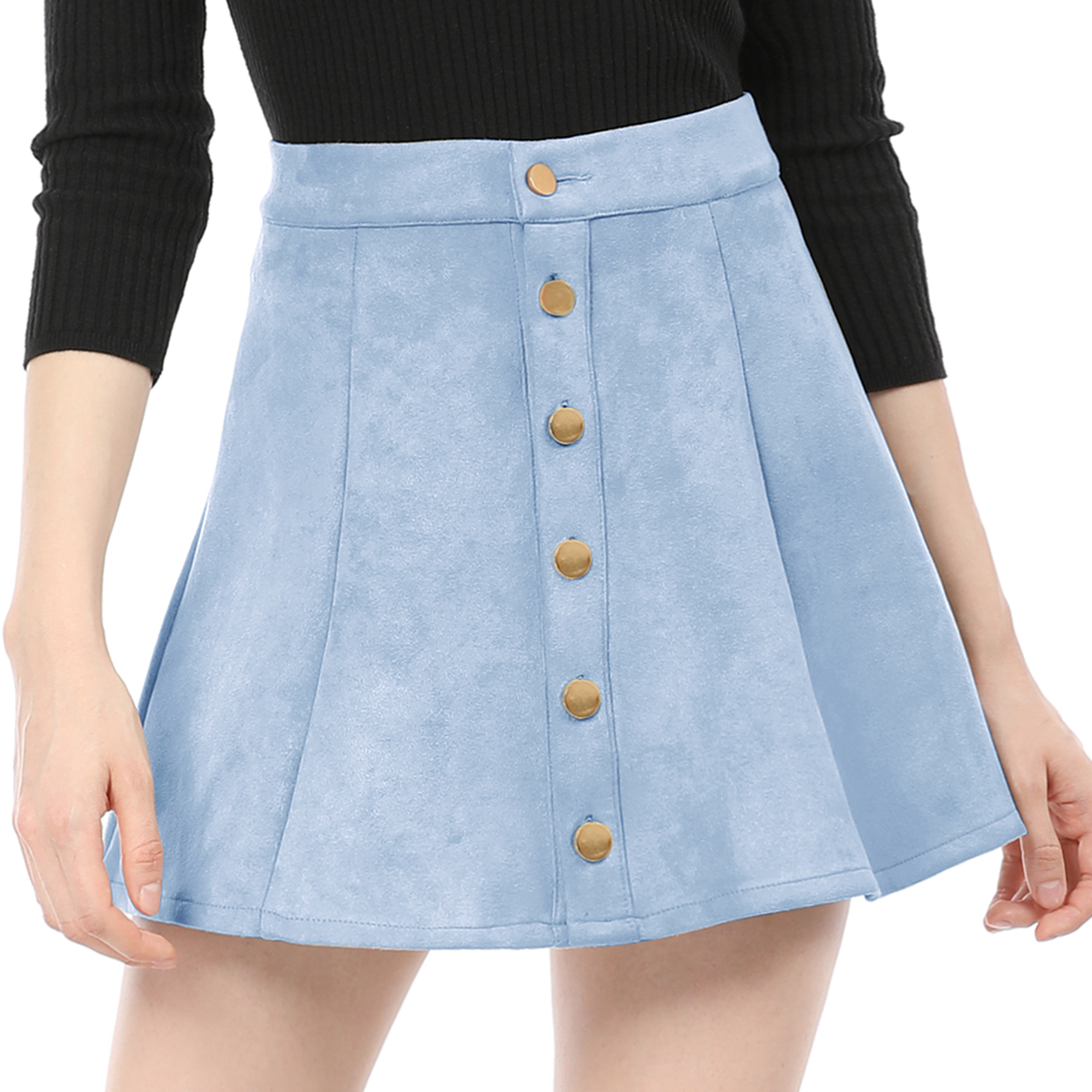 Faux Suede Button Closure A-Line High Waisted Short Skirt Light Blue/XL