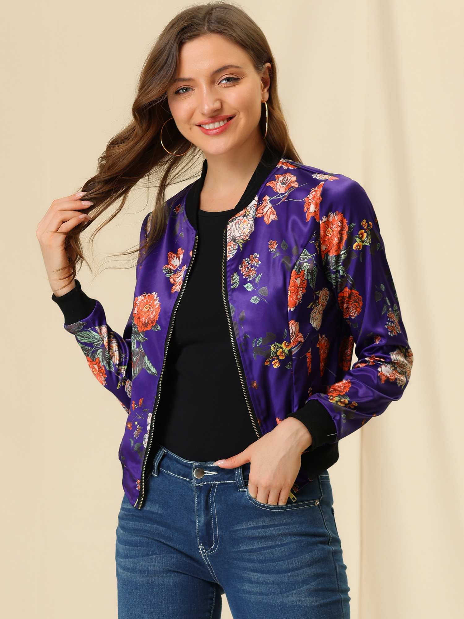 Stand Collar Zip Up Floral Print Bomber Jacket Deep Purple/S