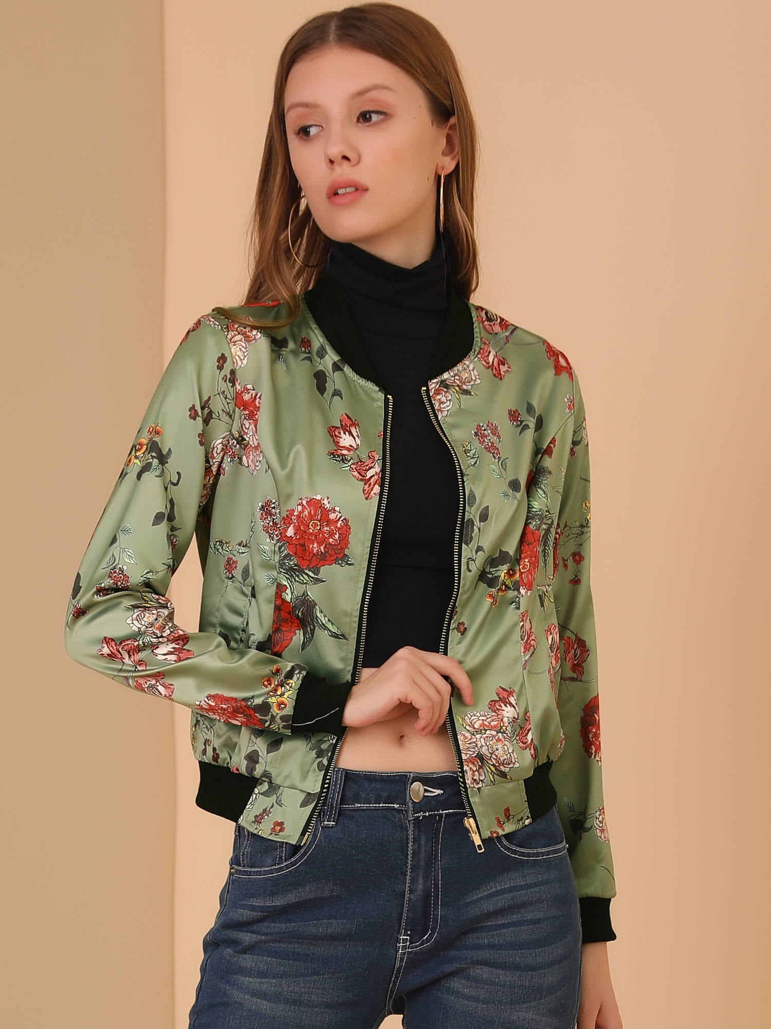 Stand Collar Zip Up Floral Print Bomber Jacket Light Green/L