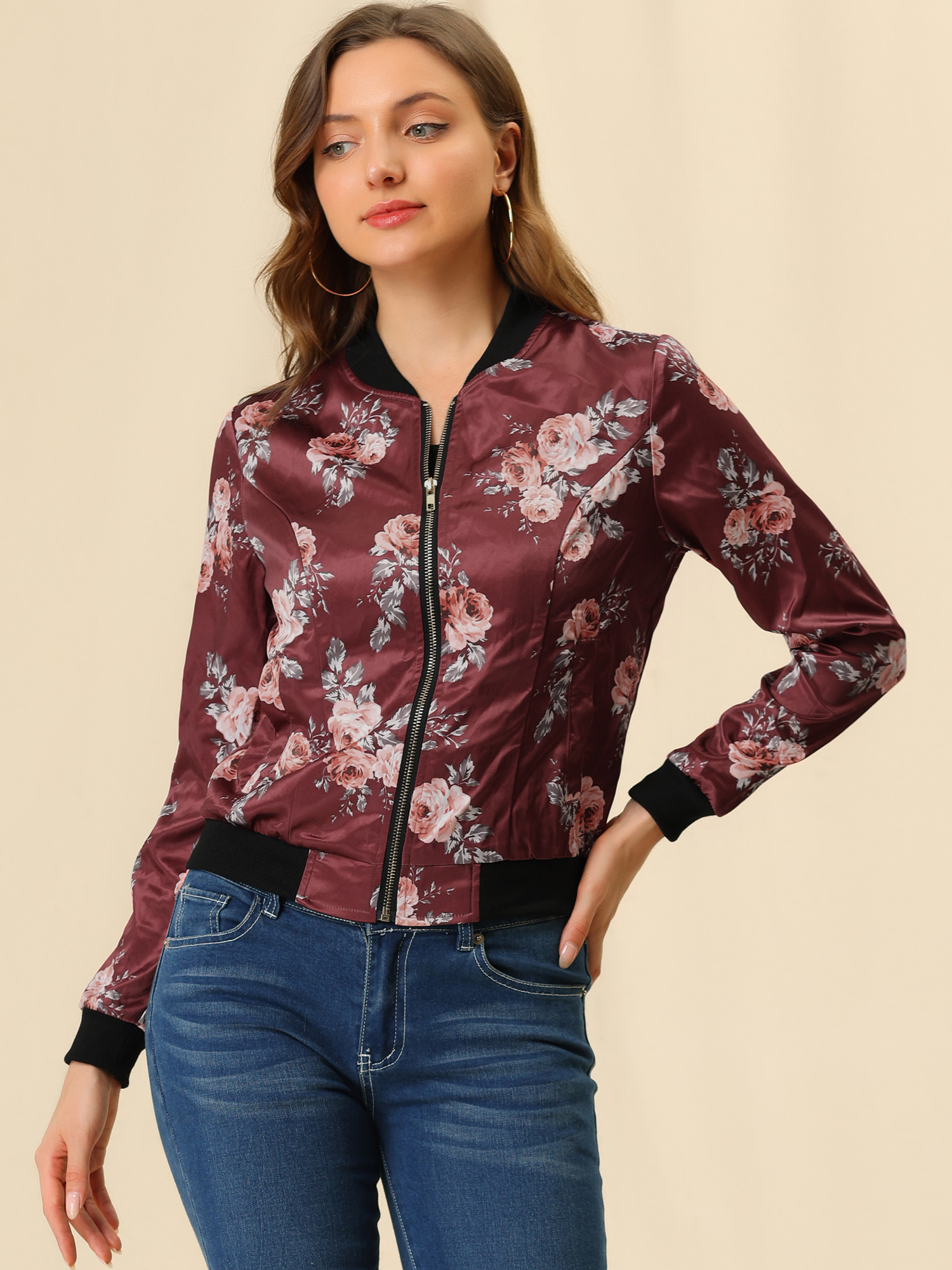 Stand Collar Zip Up Floral Print Bomber Jacket Burgundy/L