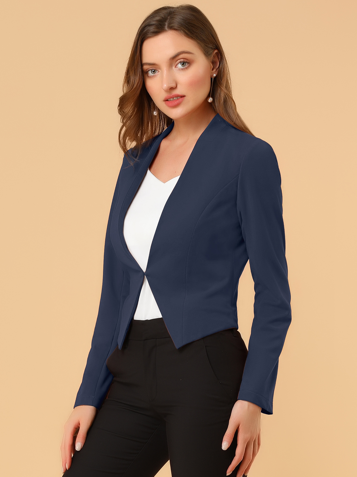 Solid Color Collarless Cropped Office Blazer Jacket Navy/XL