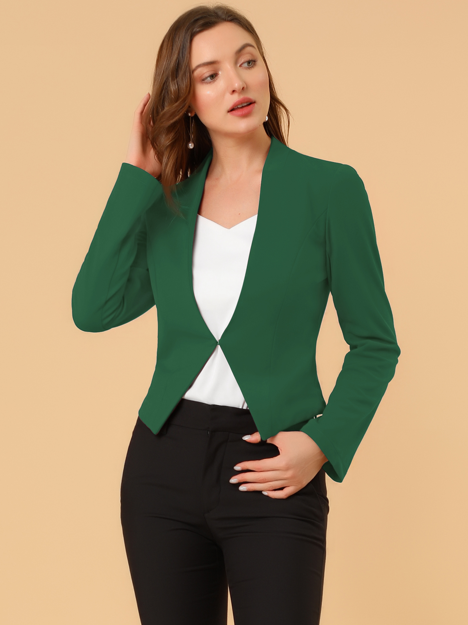 Solid Color Collarless Cropped Office Blazer Jacket Dark Green/XL