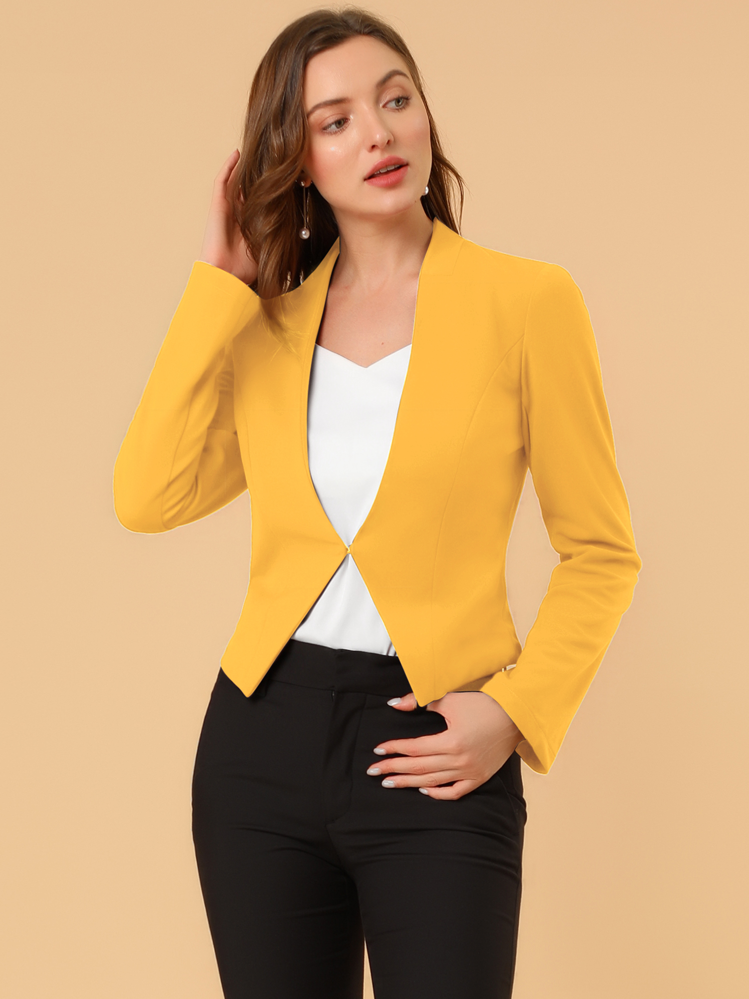 Solid Color Collarless Cropped Office Blazer Jacket Yellow/XS