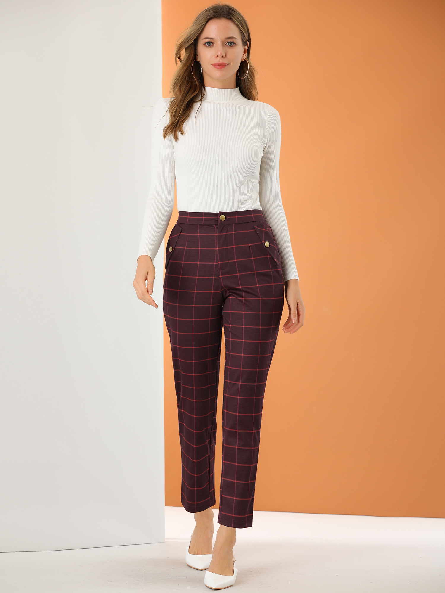 Tartan Plaid Pants Elastic Waist Straight Long Trousers Burgundy/L