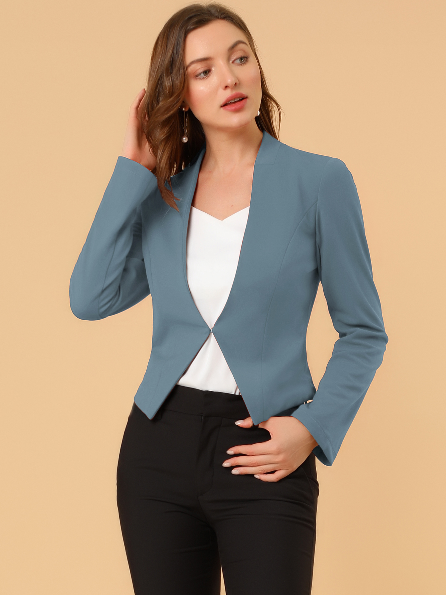 Collarless Solid Color Cropped Office Blazer Jacket Grey Blue/L
