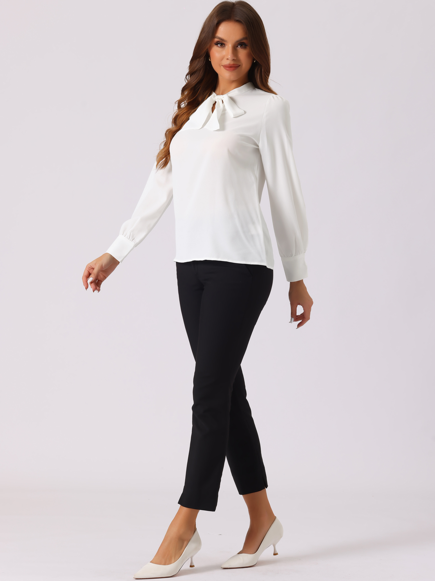Bow Tie Neck Elegant Top Long Sleeve Solid Work Office Blouse White/XS