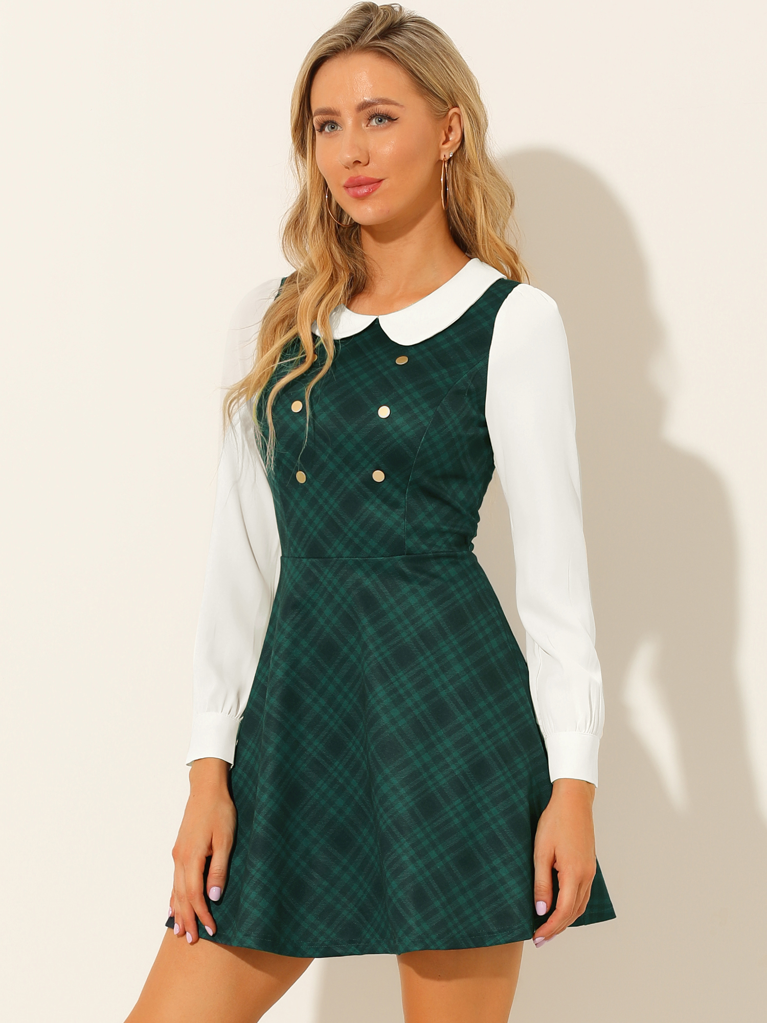 Peter Pan Collar Contrast Color Button Decor Plaid Dress Green/XS