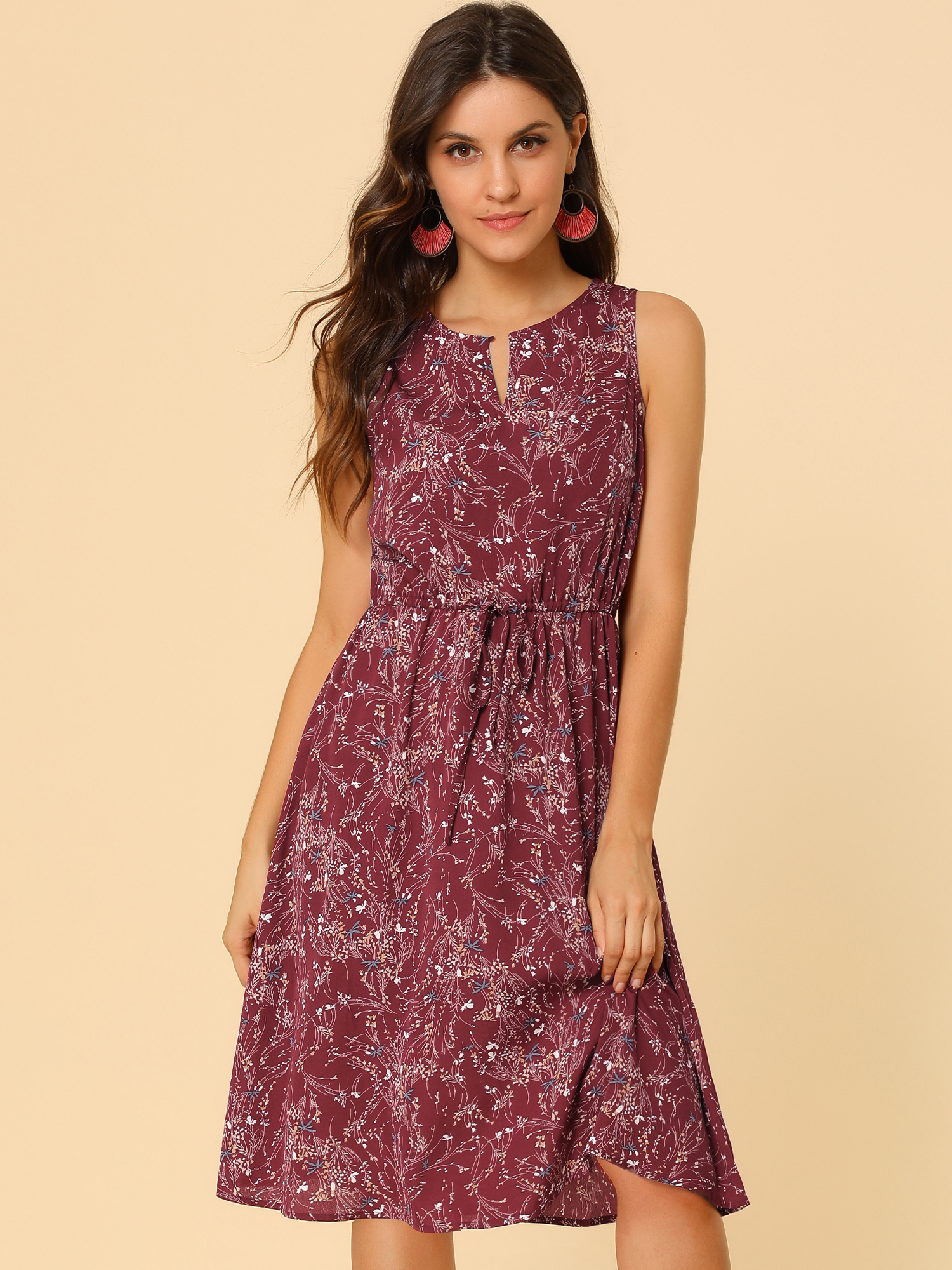 Floral Drawstring Waist Sleeveless A-Line Midi Dress Sundress Burgundy/XL