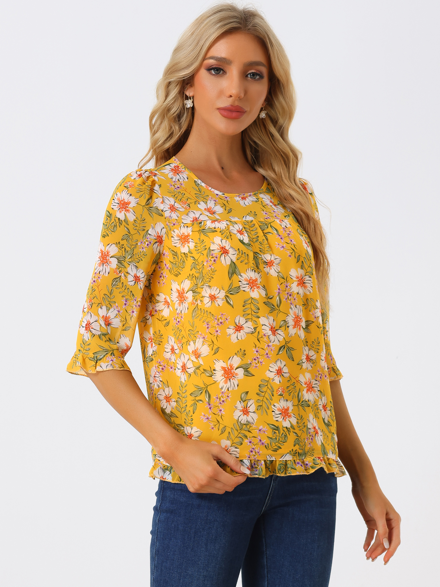 Casual Ruffle 3/4 Sleeve Floral Print Chiffon Blouse Yellow/XL