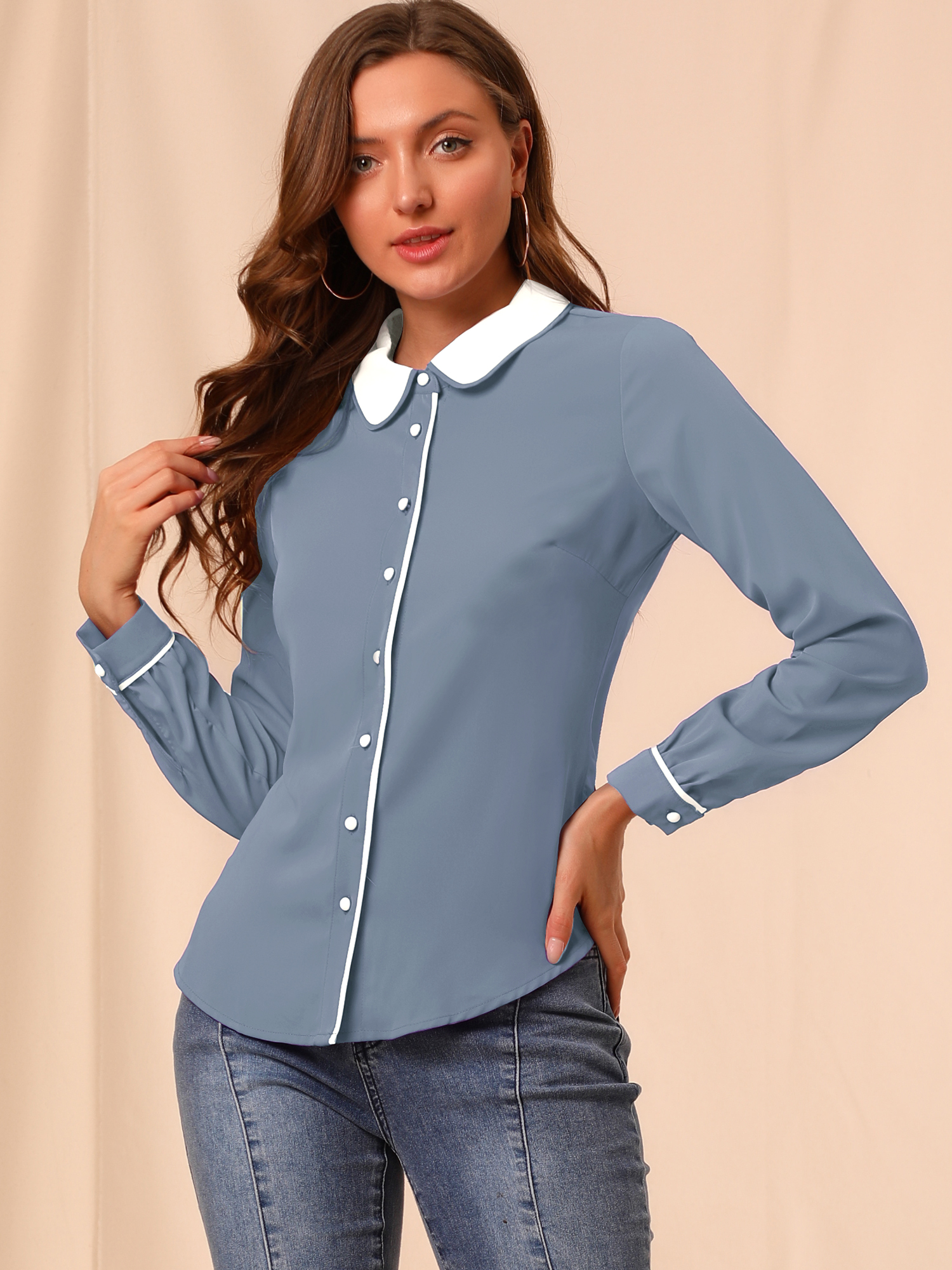 Button Down Long Sleeve Contrast Peter Pan Collar Office Blouse Blue-Grey/M