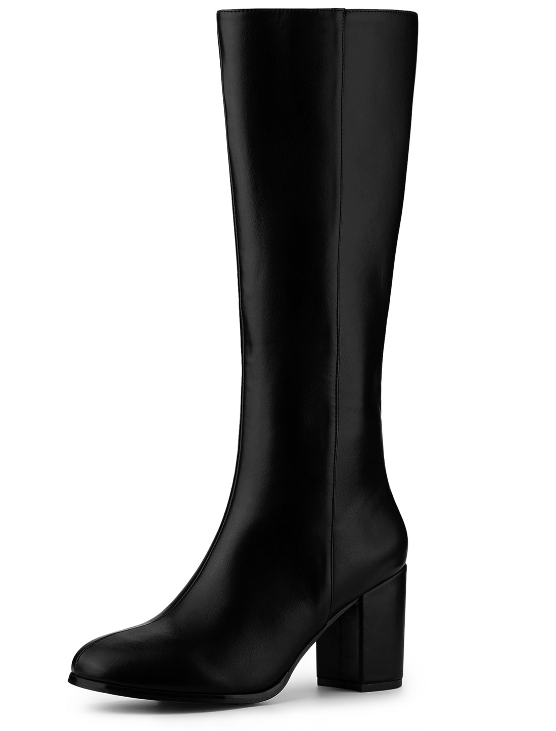 Round Toe Zip Block Heel Knee High Boots Black/8.5