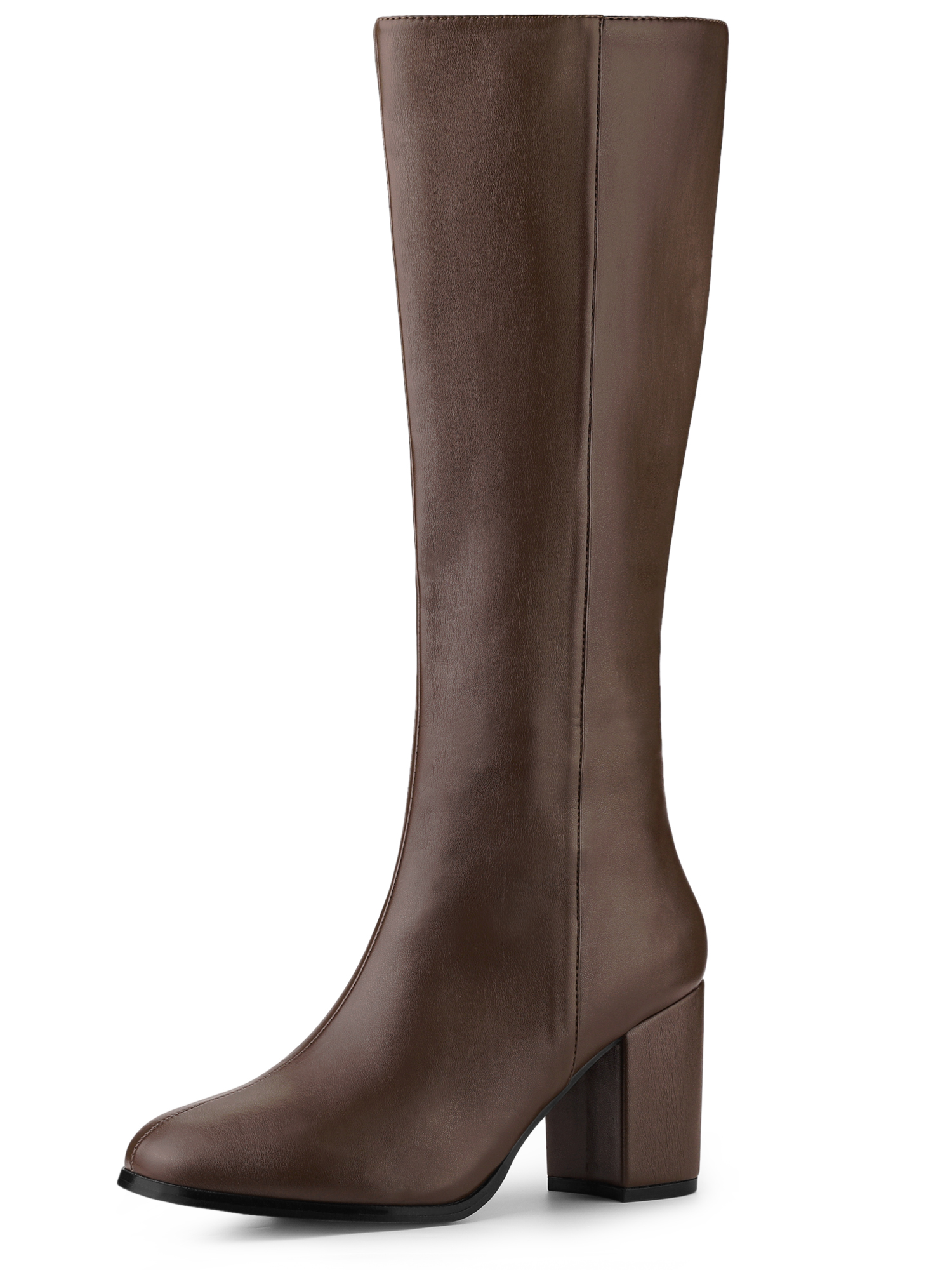 Round Toe Zip Block Heel Knee High Boots Coffee/8.5
