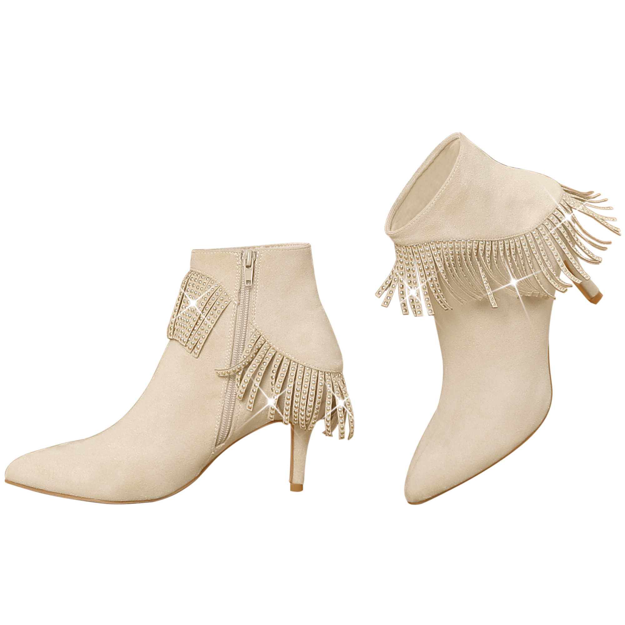 Fringe Side Zipper Rhinestone Stiletto Heel Ankle Boots Beige/10