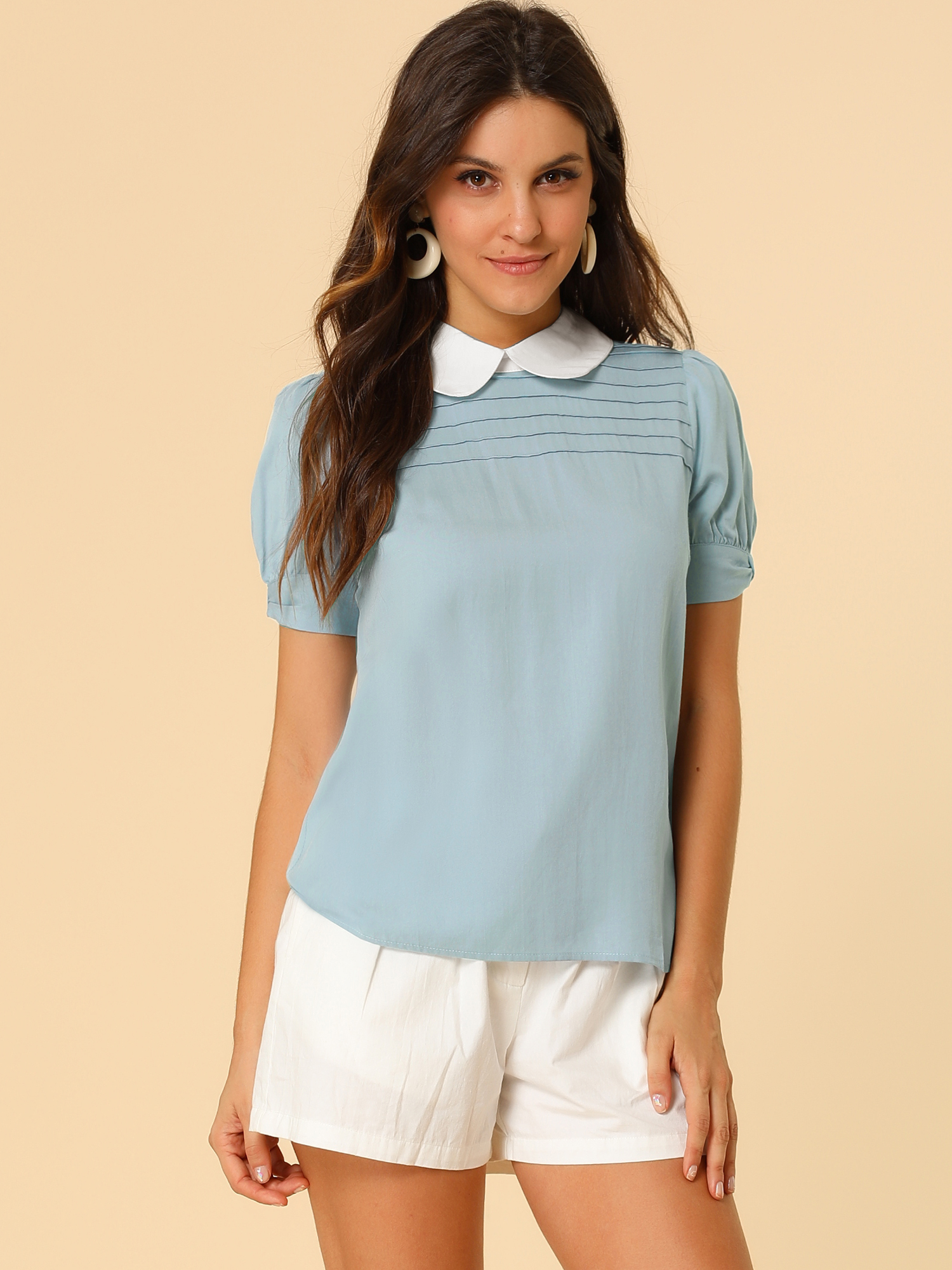 Pleated Contrast Peter Pan Collar Puff Short Sleeve Blouse Blue/XS