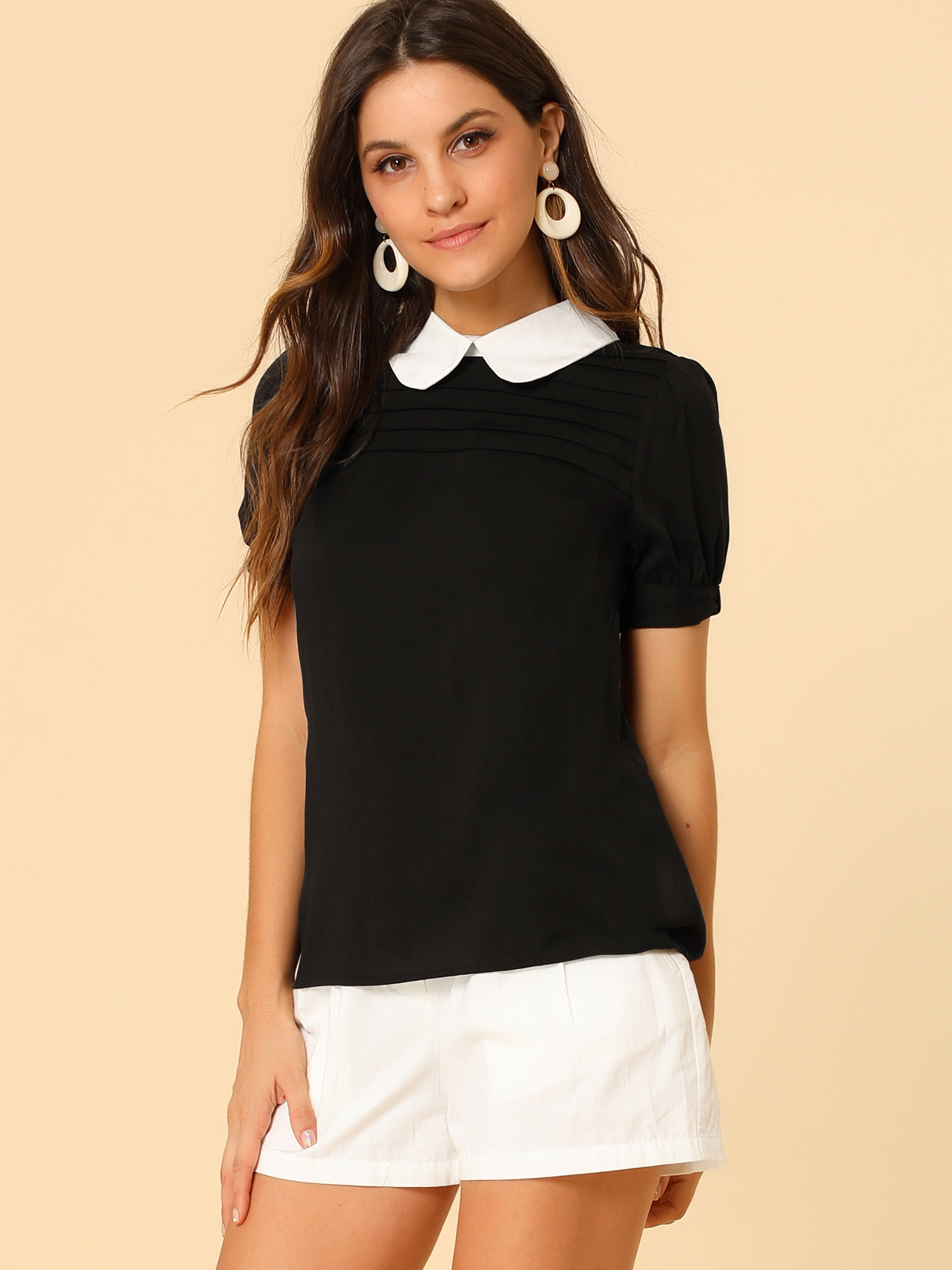 Pleated Contrast Peter Pan Collar Puff Short Sleeve Blouse Black/XL