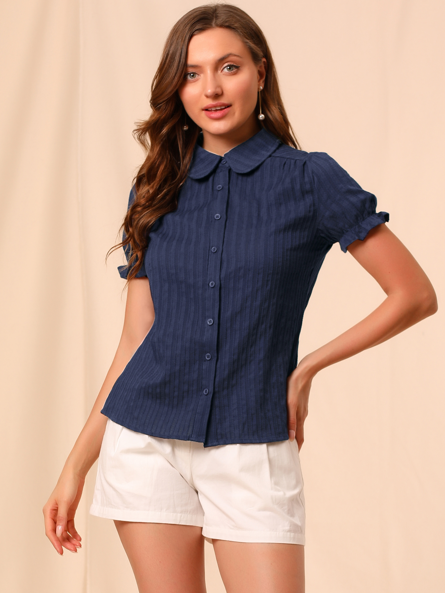 Cotton Frilled Top Turndown Collar Solid Blouse Shirt Blue/S