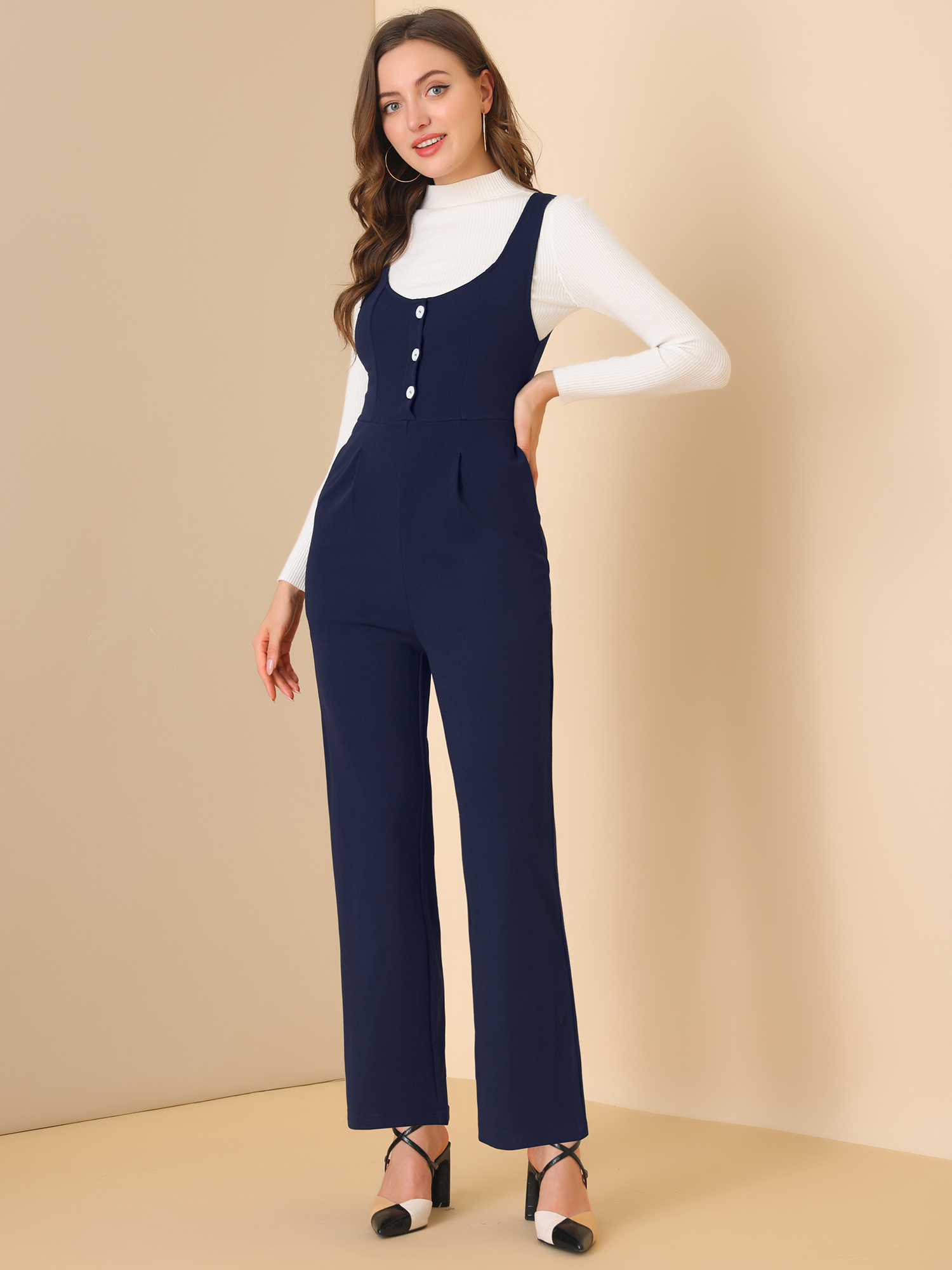 High Waist Casual Wide Leg Pants Overalls Jumpsuit Navy Blue/S