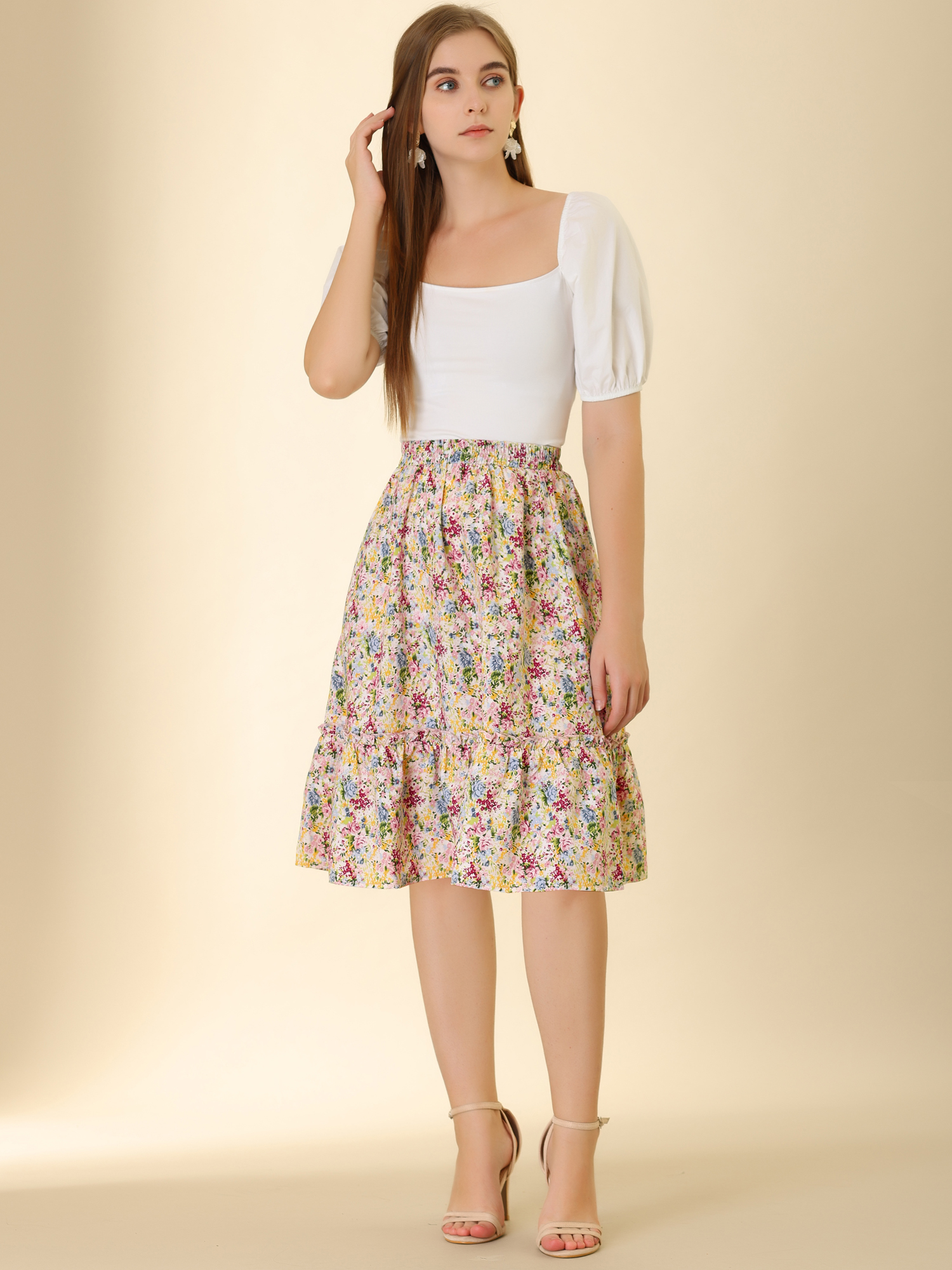 Ruffle Hem Elastic Waist Flowy A-Line Swing Floral Midi Skirt Multicolor/M
