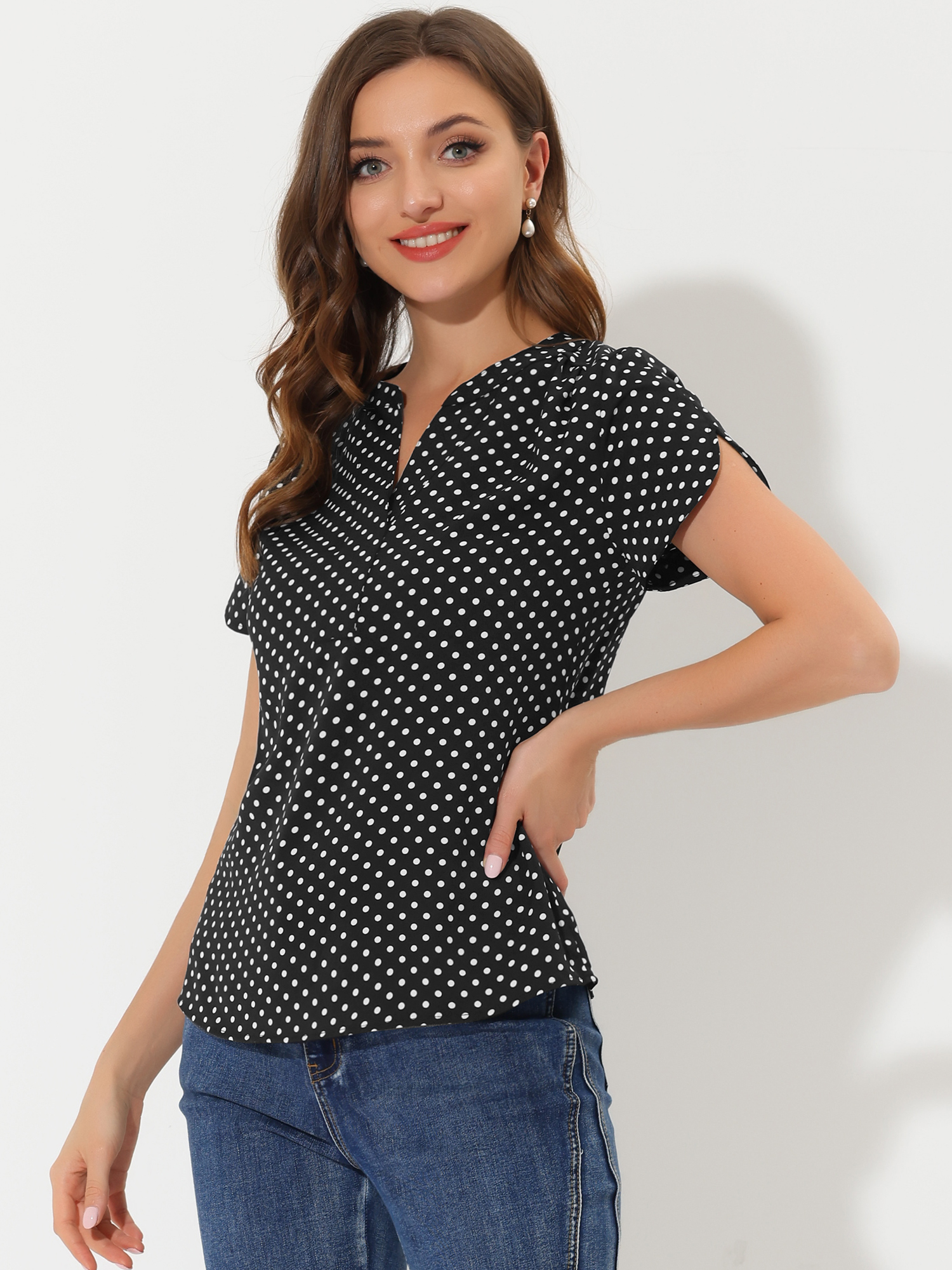 Polka Dots Print V Neck Short Sleeve Elegant Work Office Tops Black/M