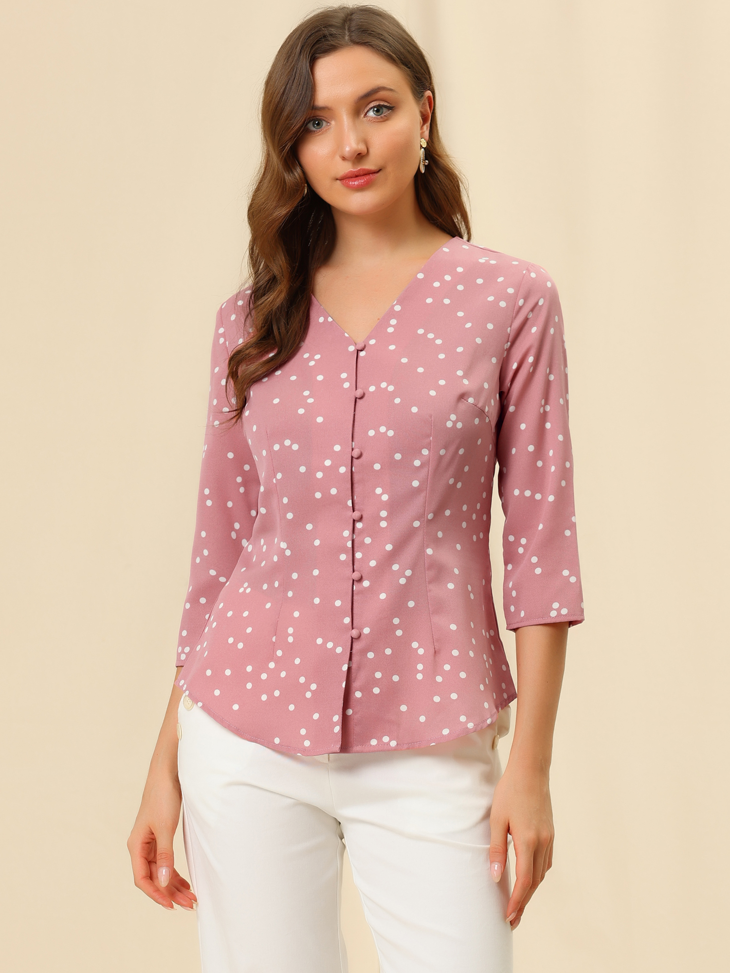 Polka Dots 3/4 Sleeve Button Front Vintage Office Blouse Top Pink/L