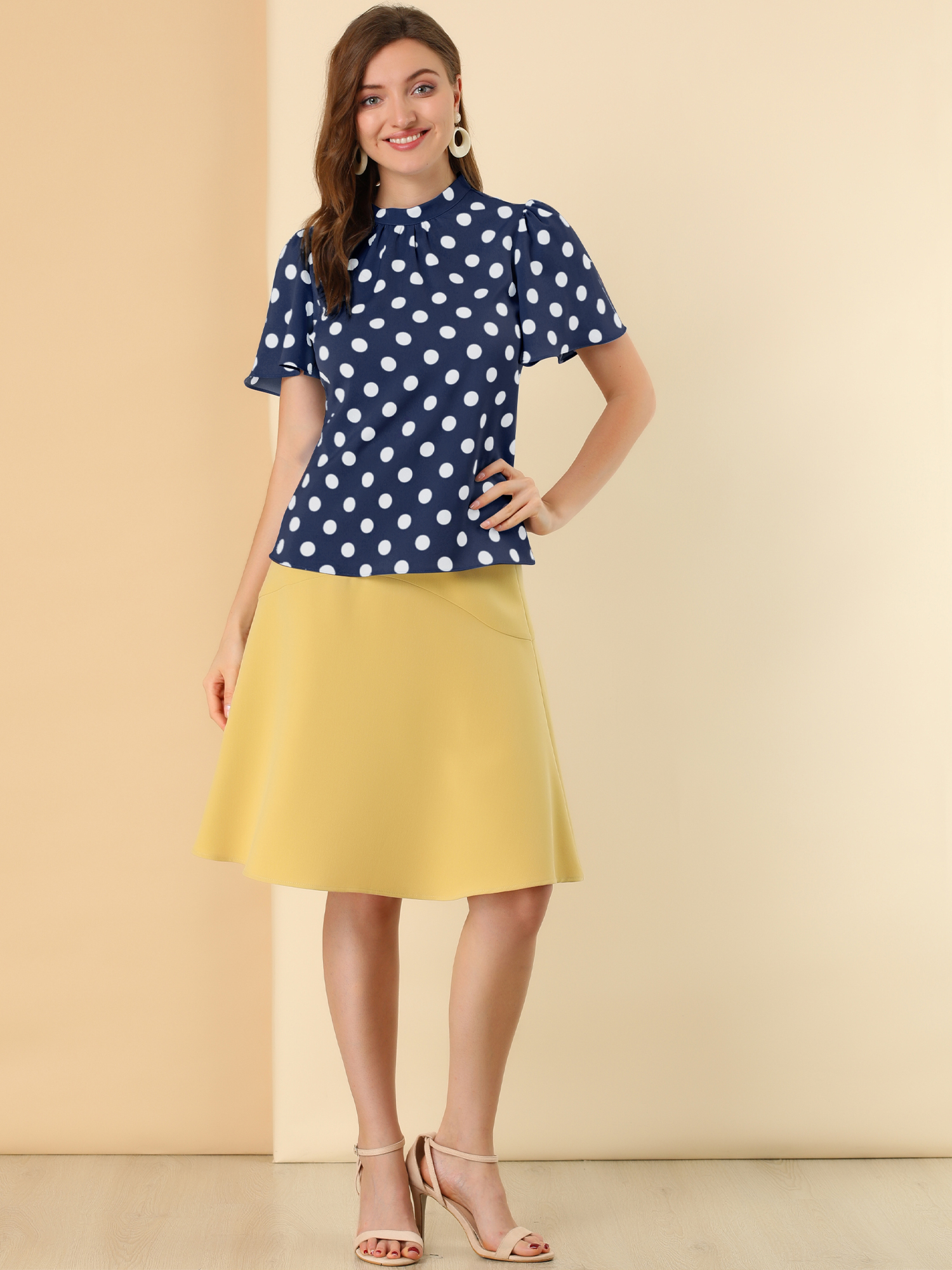 Polka Dots Stand Collar Pleat Keyhole Short Flare Sleeve Blouse Navy Blue/M
