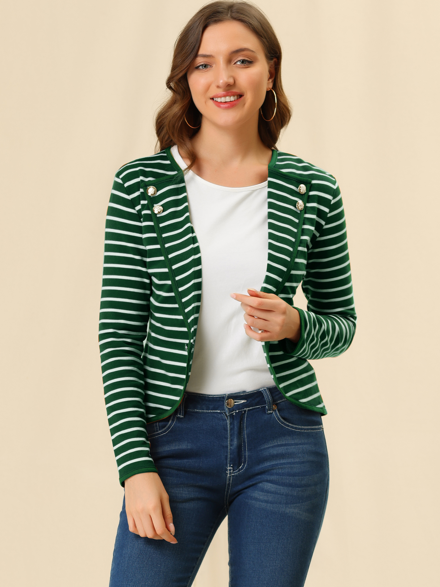Notched Lapel Casual Work Office Striped Blazer Green/XL