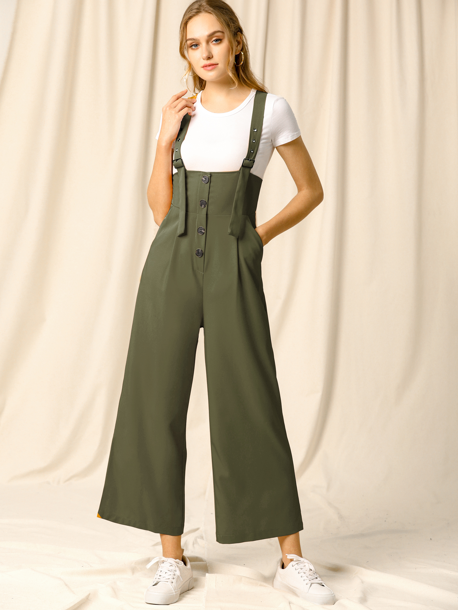 High Waist Wide Leg Belted Jumpsuit Button Long Overalls Army Green/XS