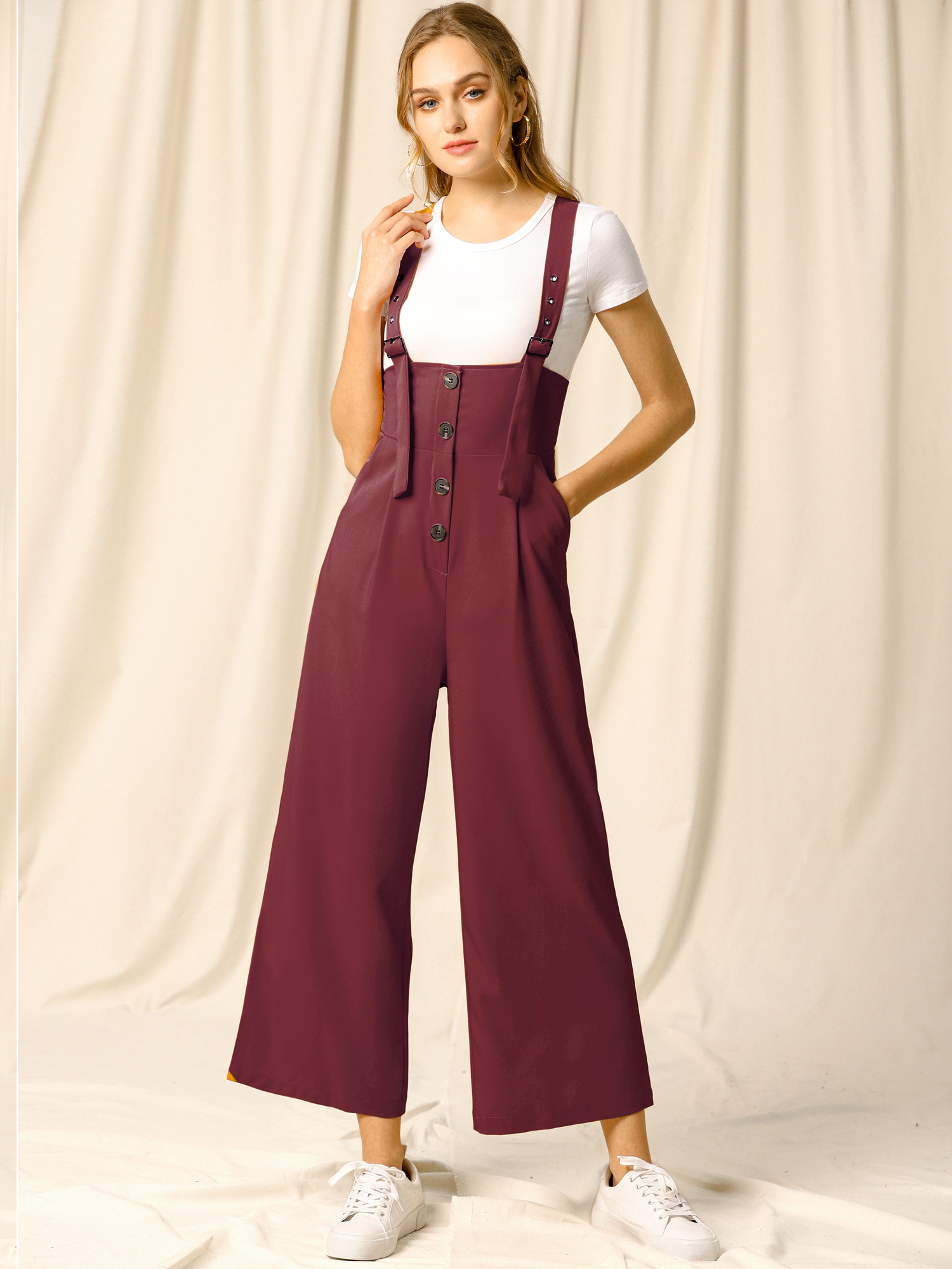 High Waist Wide Leg Belted Jumpsuit Button Long Overalls Burgundy/S