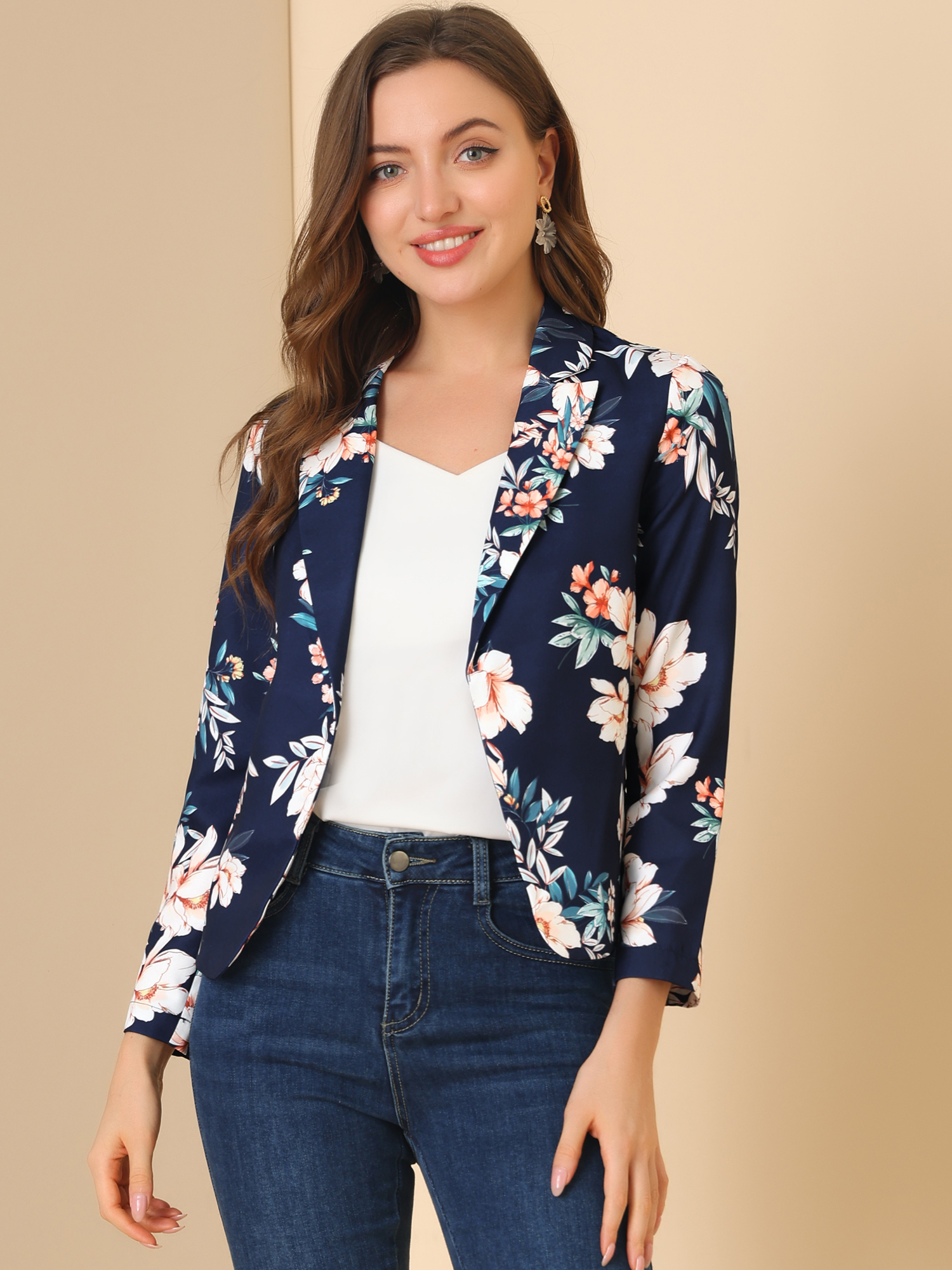 Open Front Floral Work Business Crop Blazer Jacket Deep Blue-Floral/M