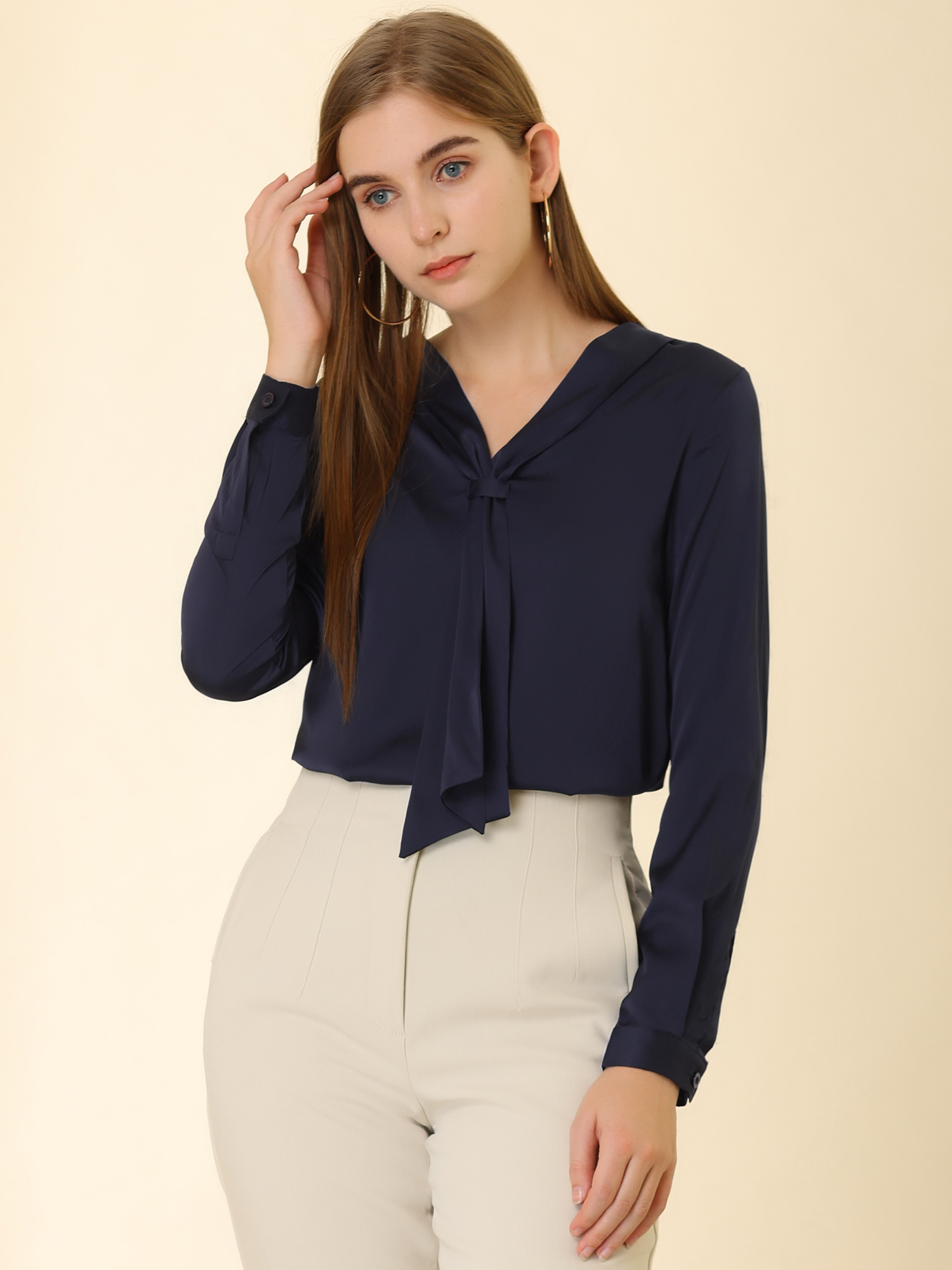 Satin Tie Neck Long Sleeve Solid Color Elegant Office Work Shirt Top Dark Blue/XL