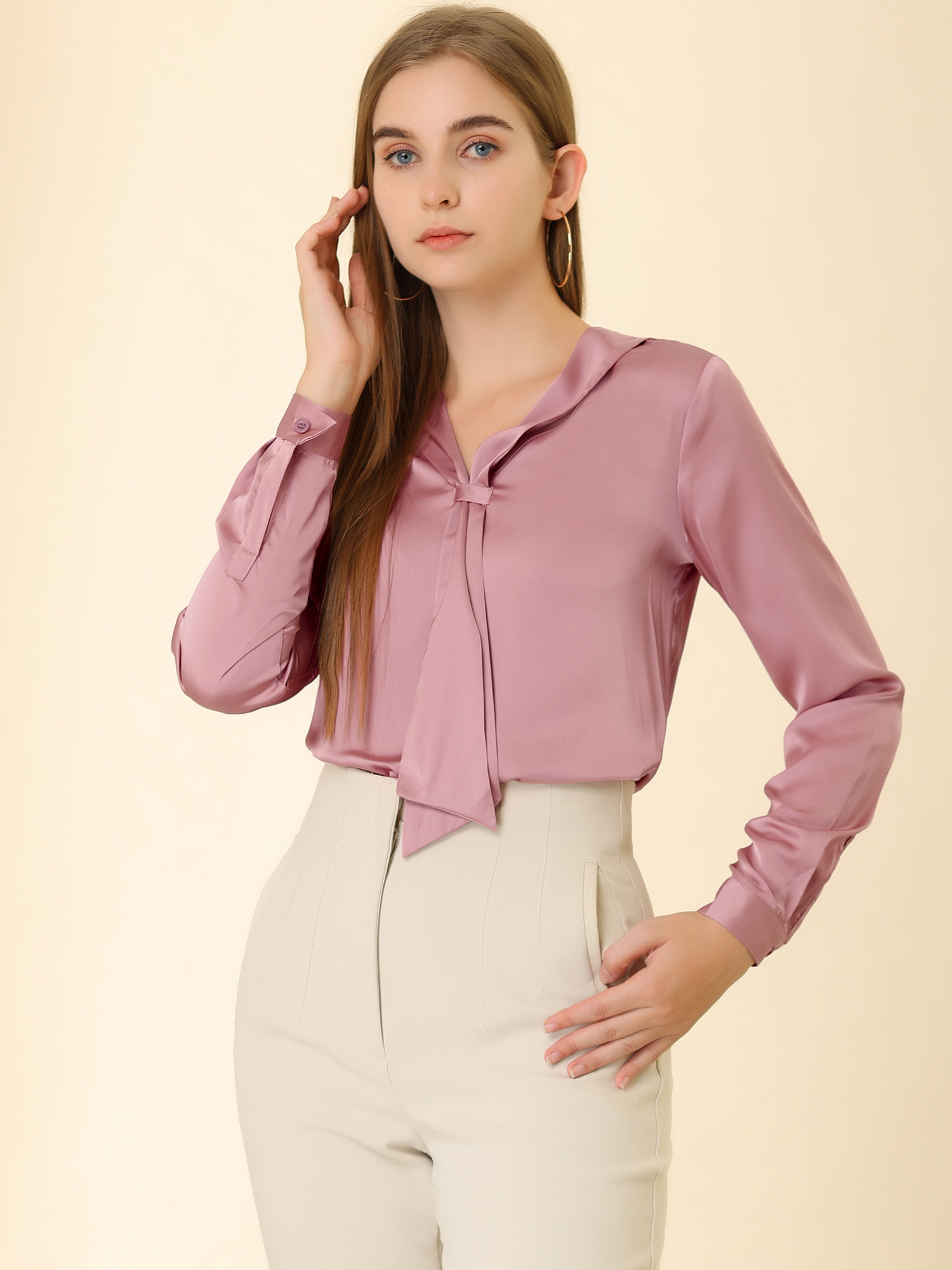 Satin Tie Neck Long Sleeve Solid Color Elegant Office Work Shirt Top Dusty Pink/M