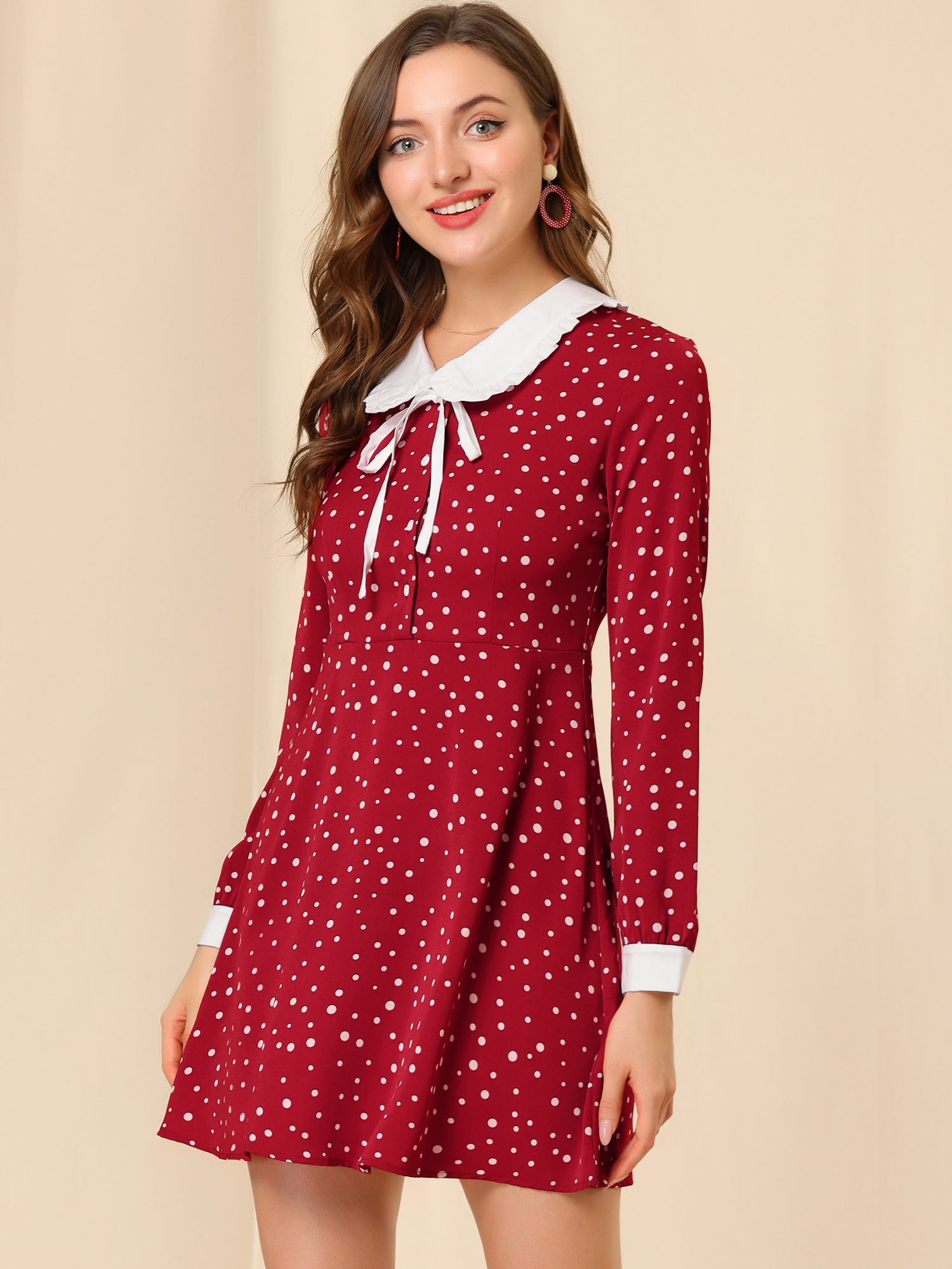 Polka Dots Sweet Tie Neck Contrast Peter Pan Collar Dress Burgundy/XS