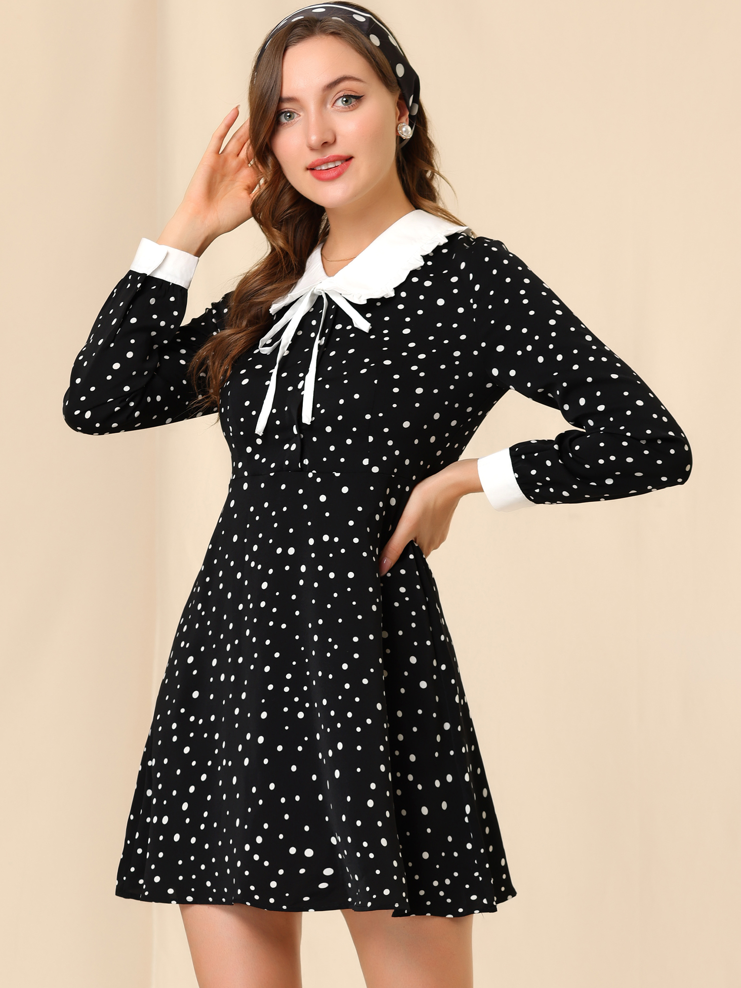 Polka Dots Sweet Tie Neck Contrast Peter Pan Collar Dress Black/L