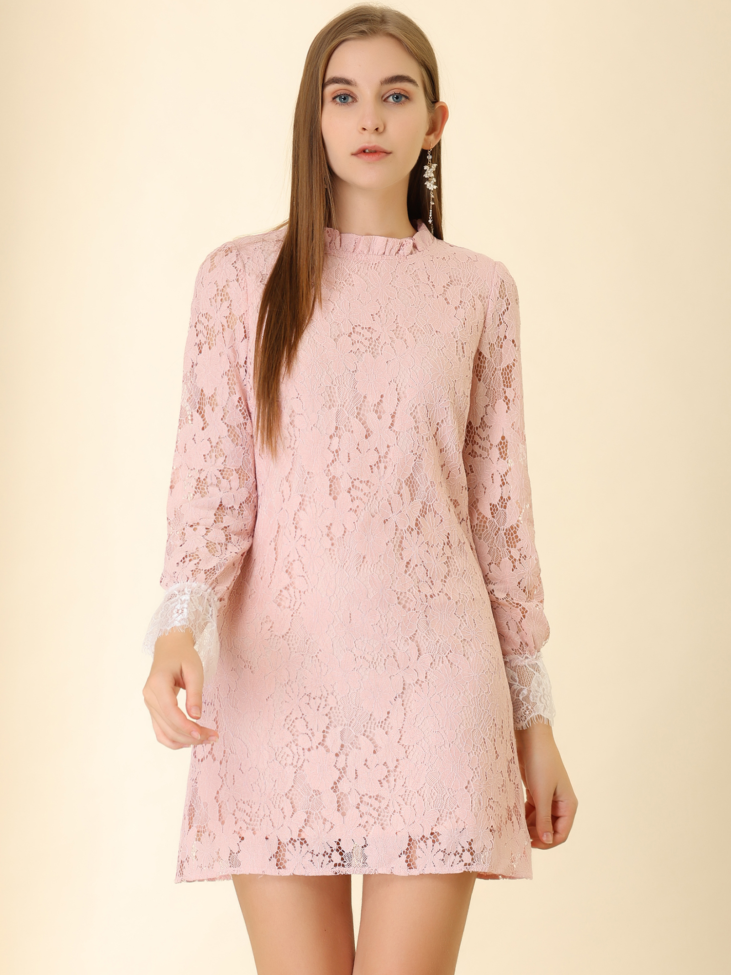 Lace Floral Ruffle Crew Neck Cocktail Mini Dress Pink/XS