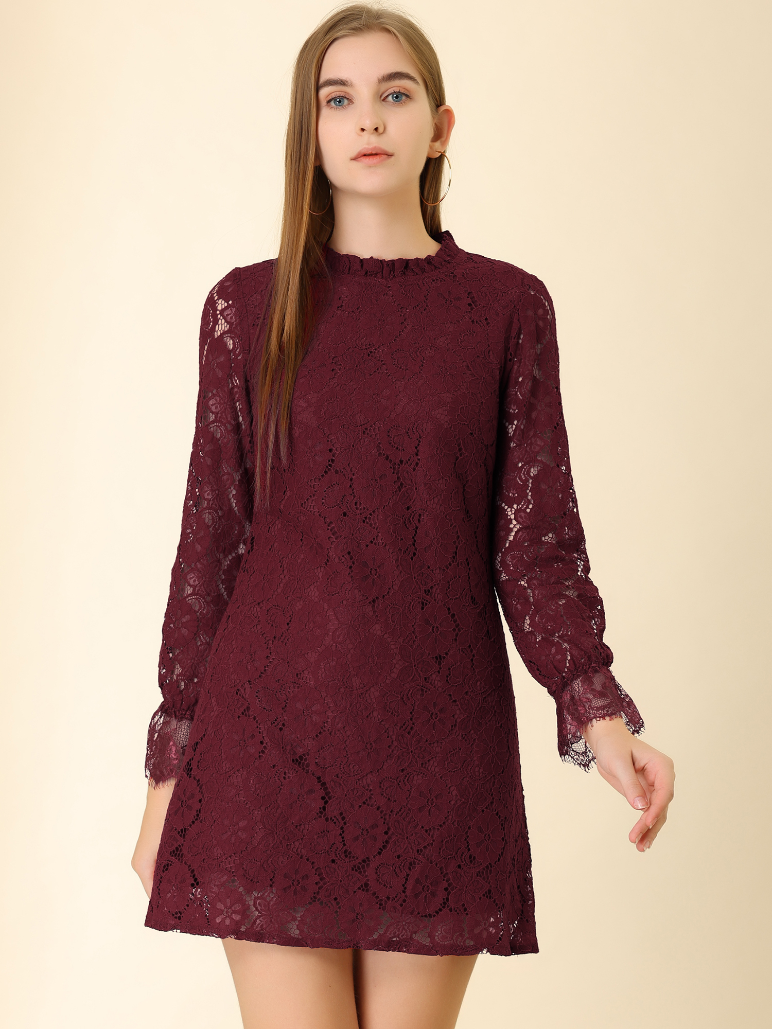 Lace Floral Ruffle Crew Neck Cocktail Mini Dress Burgundy/XL