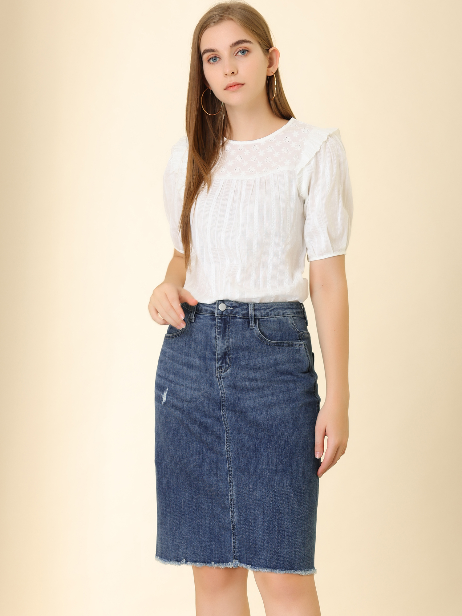 Basic Distressed High Waist Ripped Hem Washed Jeans Denim Skirt Dark Blue/XS