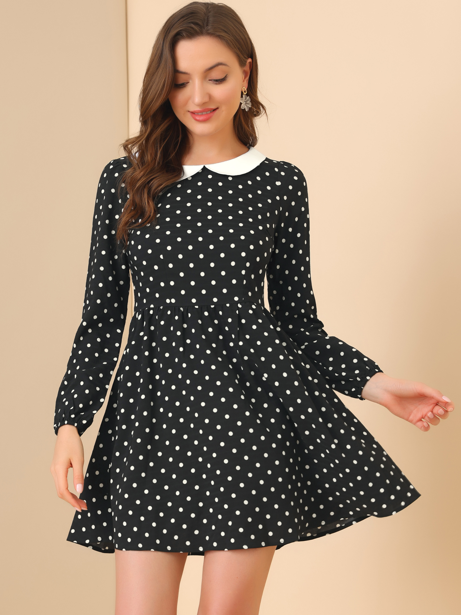 Retro Polka Dot Long Sleeve A-Line Contrast Peter Pan Collar Dress Black/M