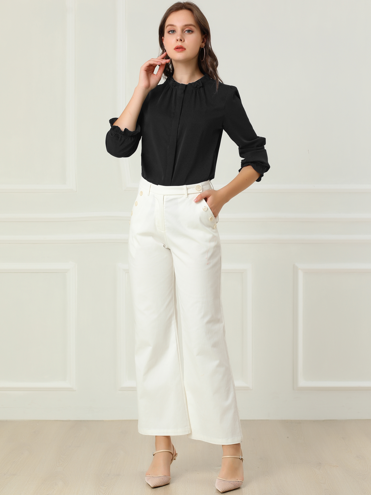 Work Office Blouse Button Up Ruffle Collar Long Sleeve Chiffon Shirt Black/M