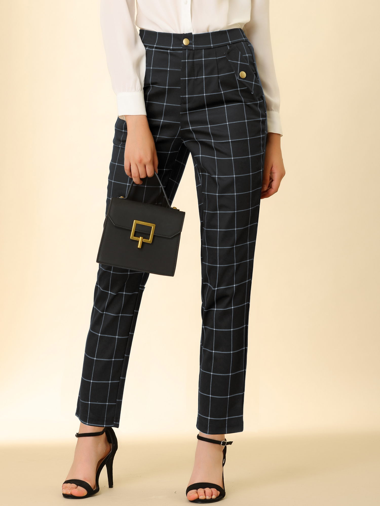 Tartan Plaid Pants Elastic Waist Straight Long Trousers Black/XS
