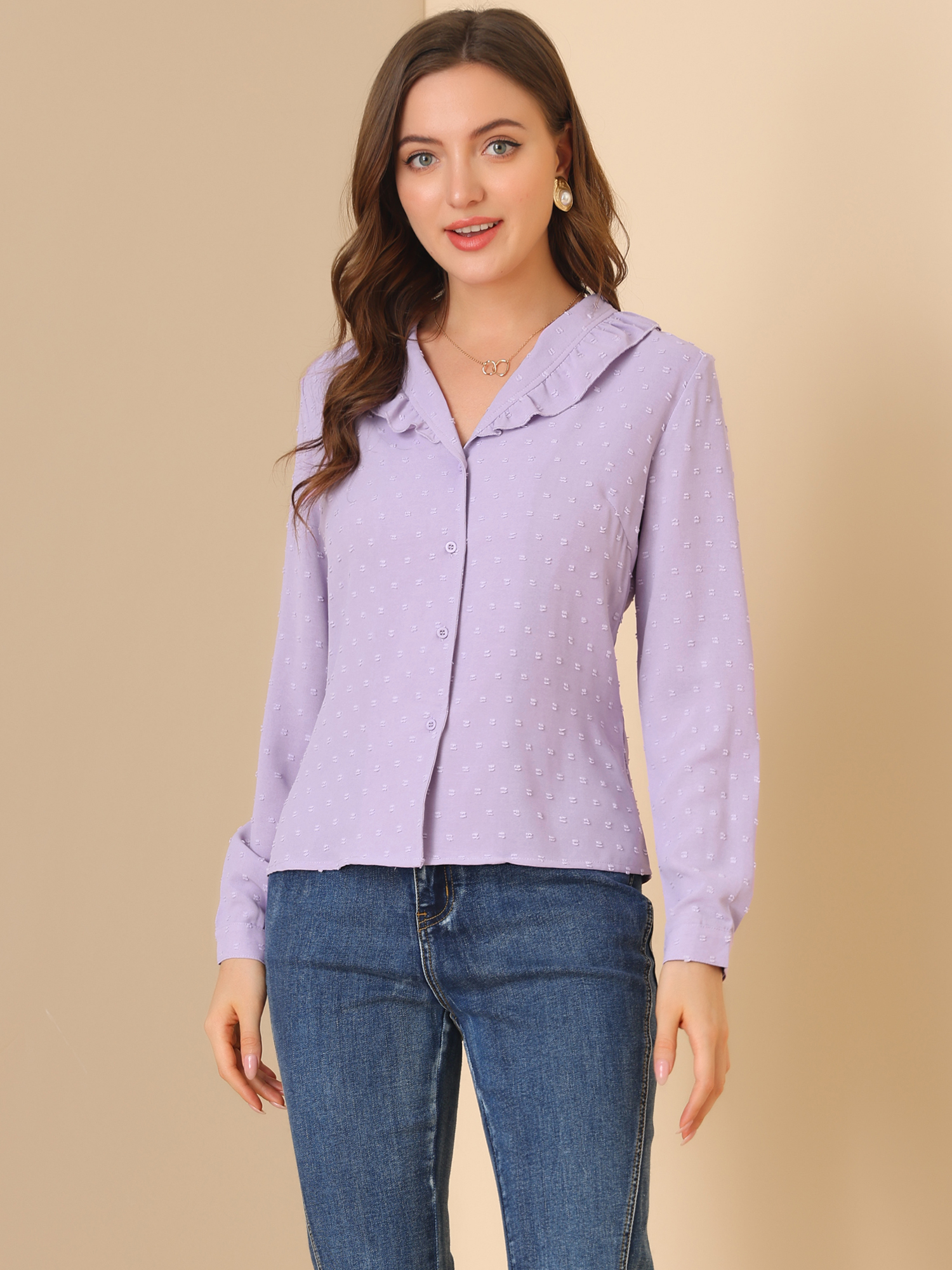 Swiss Dots Long Sleeve Button Front Ruffled Collar Shirt Lavender Purple/L