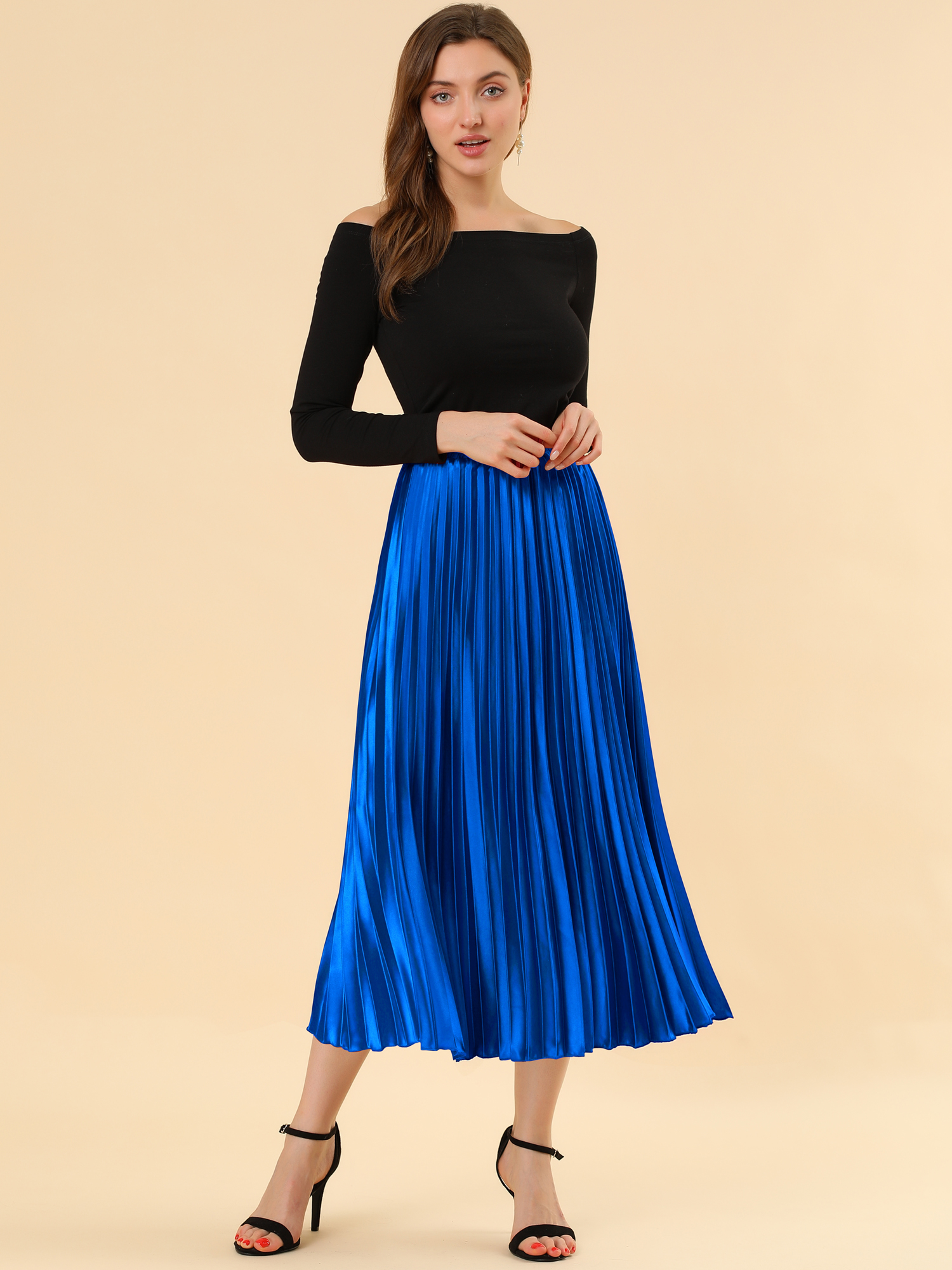 Elastic Waist Metallic Shiny Accordion Pleated Midi Skirt Royal Blue/XL
