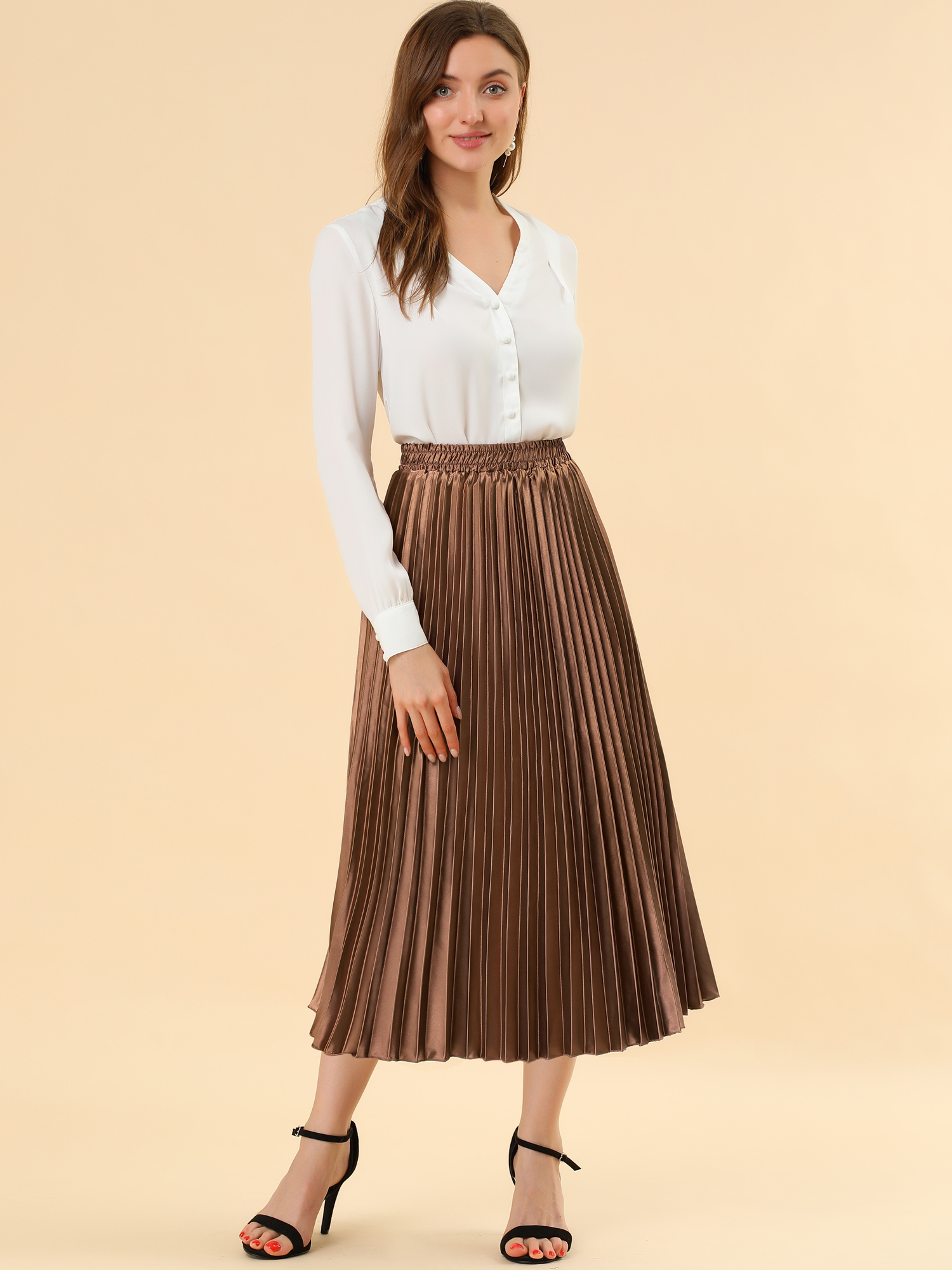 Elastic Waist Metallic Shiny Accordion Pleated Midi Skirt Brown/M