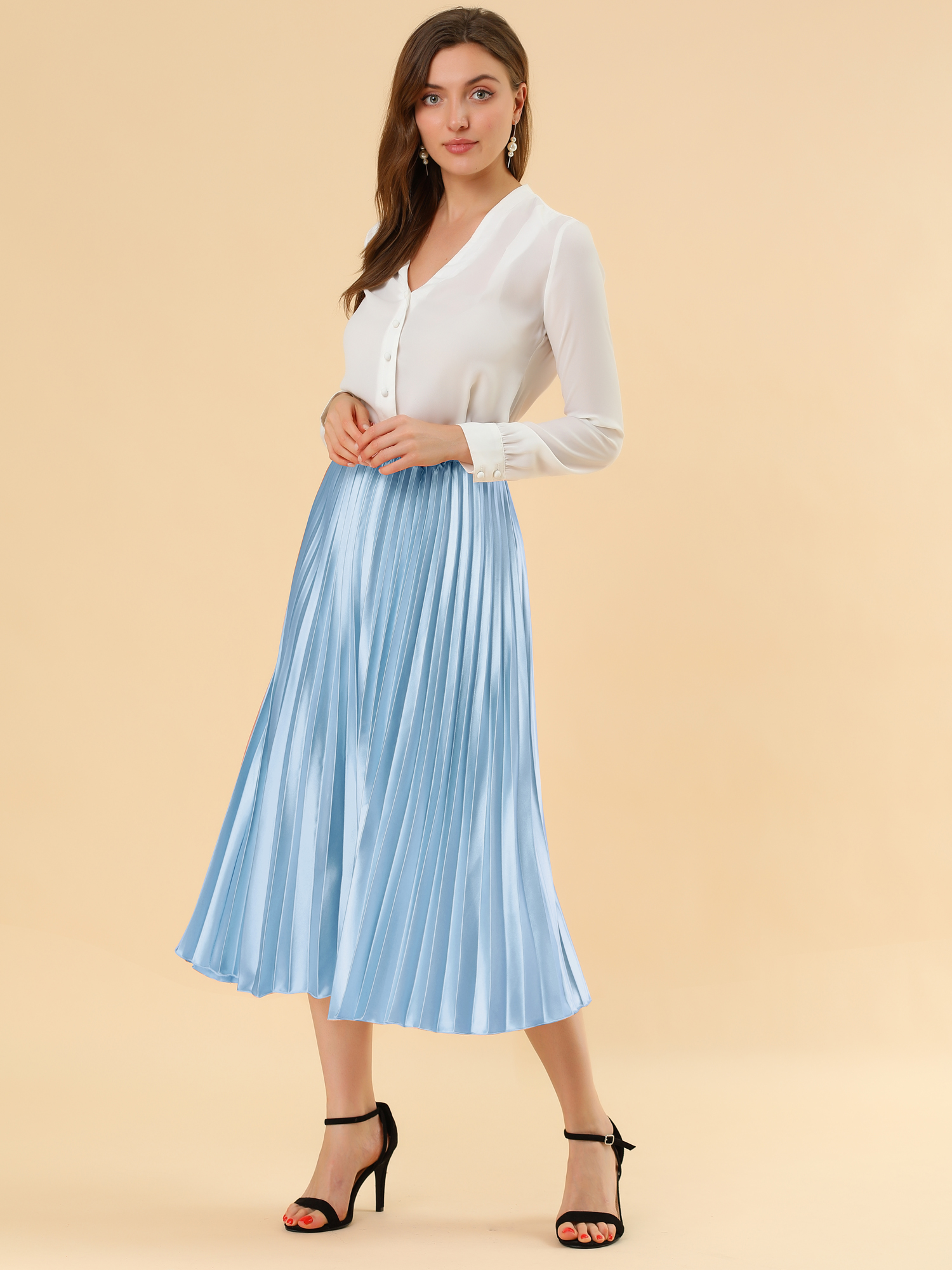 Party Elastic Waist Metallic Shiny Pleated Midi Skirt Blue/M