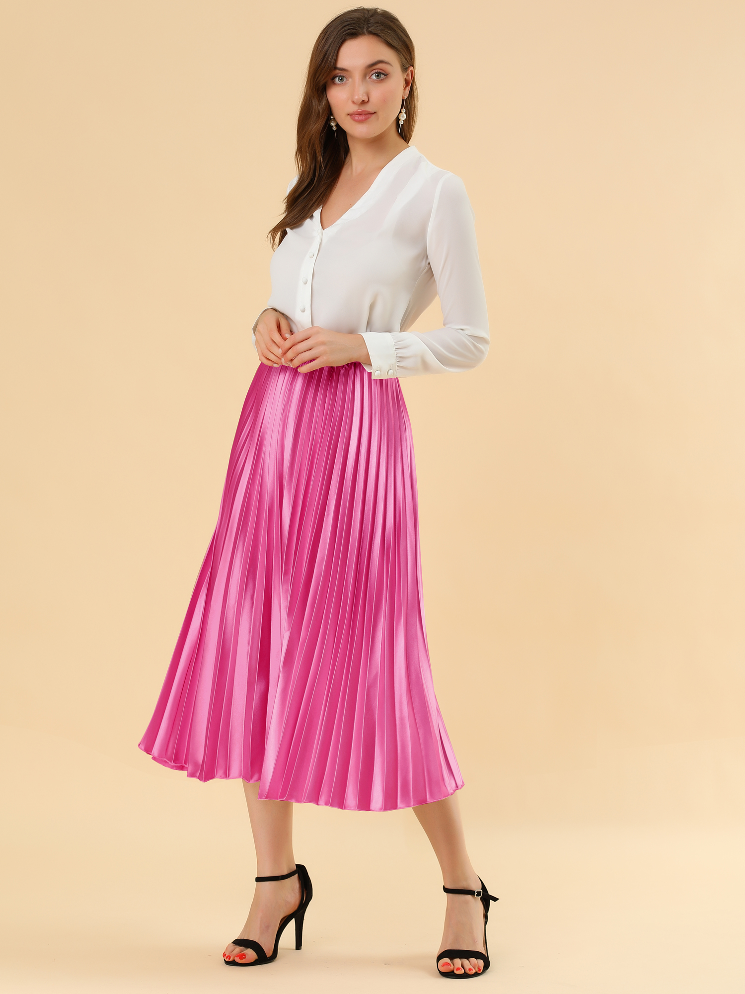 Elastic Waist Metallic Shiny Accordion Pleated Midi Skirt Rose Red/S