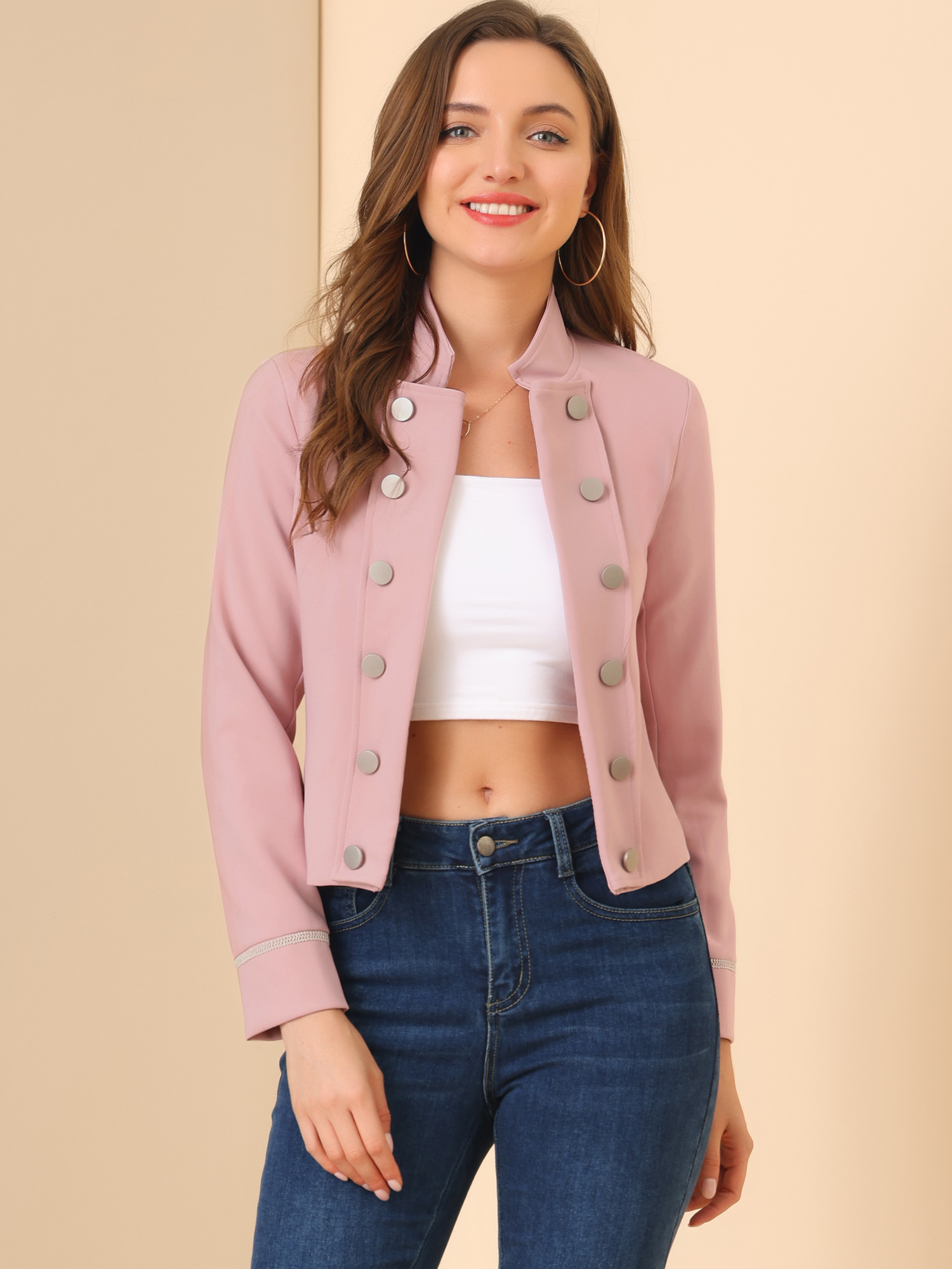 Vintage Steampunk Open Front Button Decor Cropped Jacket Pink/S