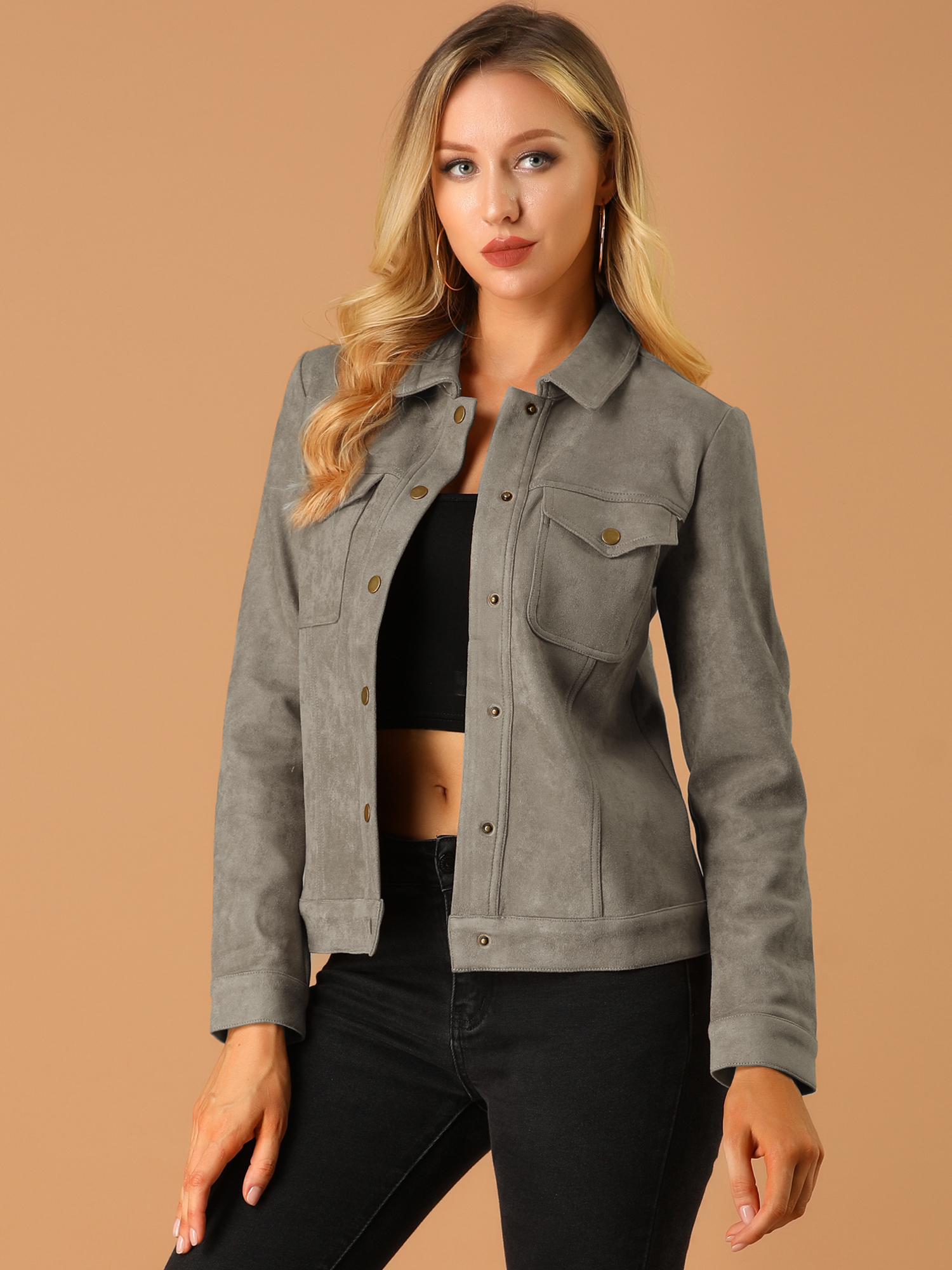 Faux Suede Turn-Down Collar Flap Pocket Snap Button Jacket Taupe/M