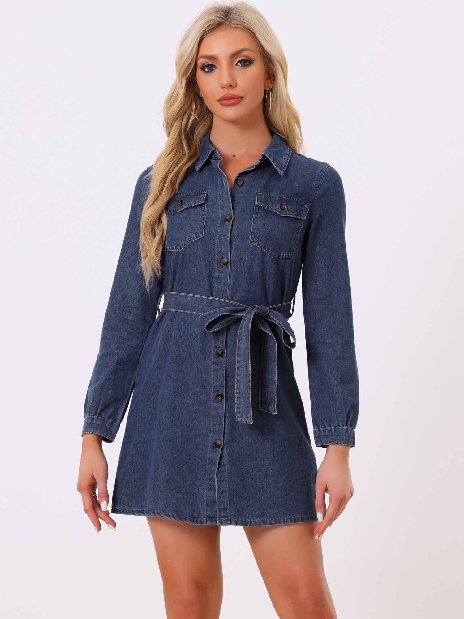 Belted Long Sleeve Button Front Denim Shirt Dress Blue/XL