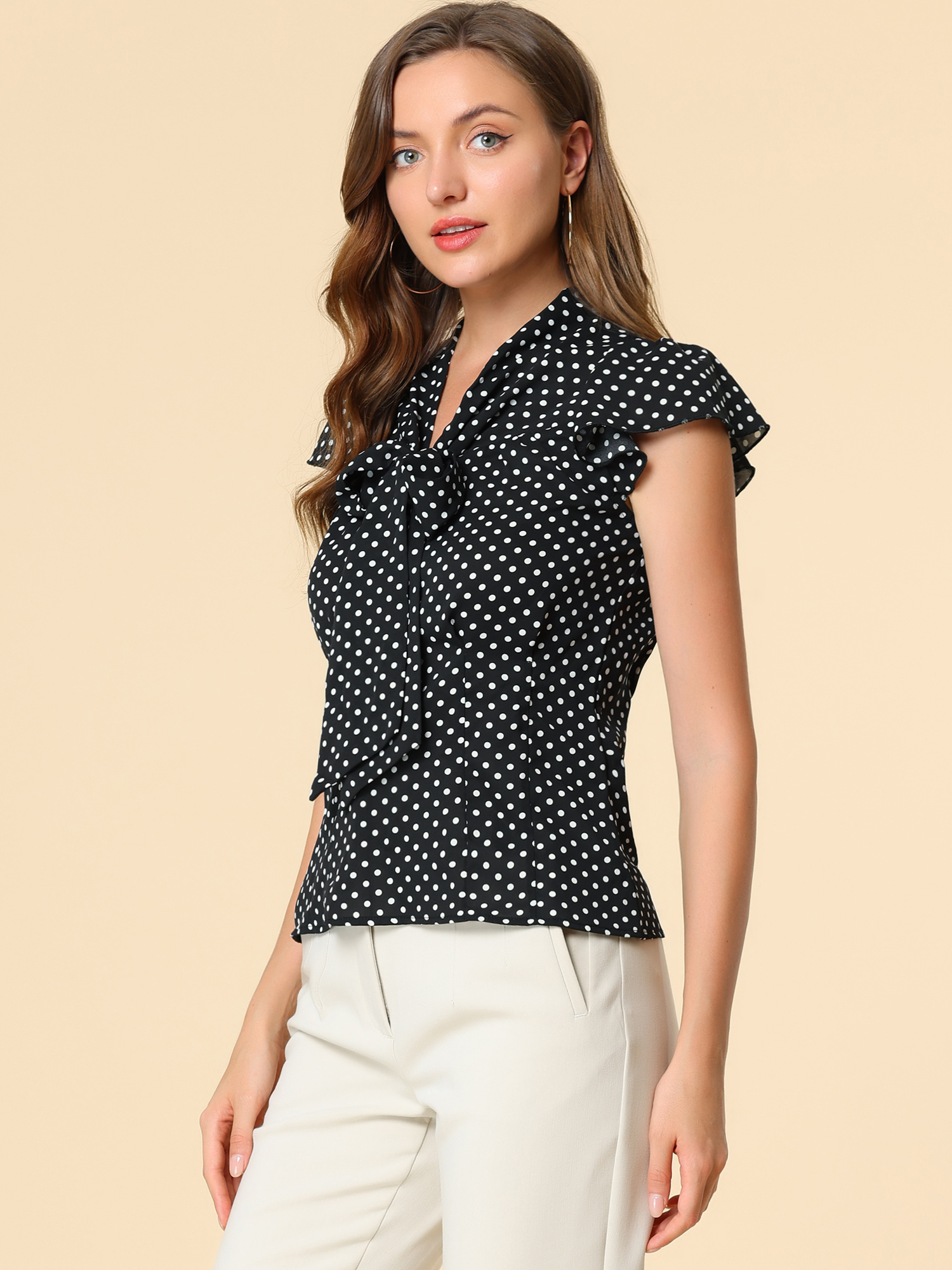Summer Polka Dots Top Bow Tie V Neck Ruffled Cap Sleeve Office Blouse Black/S