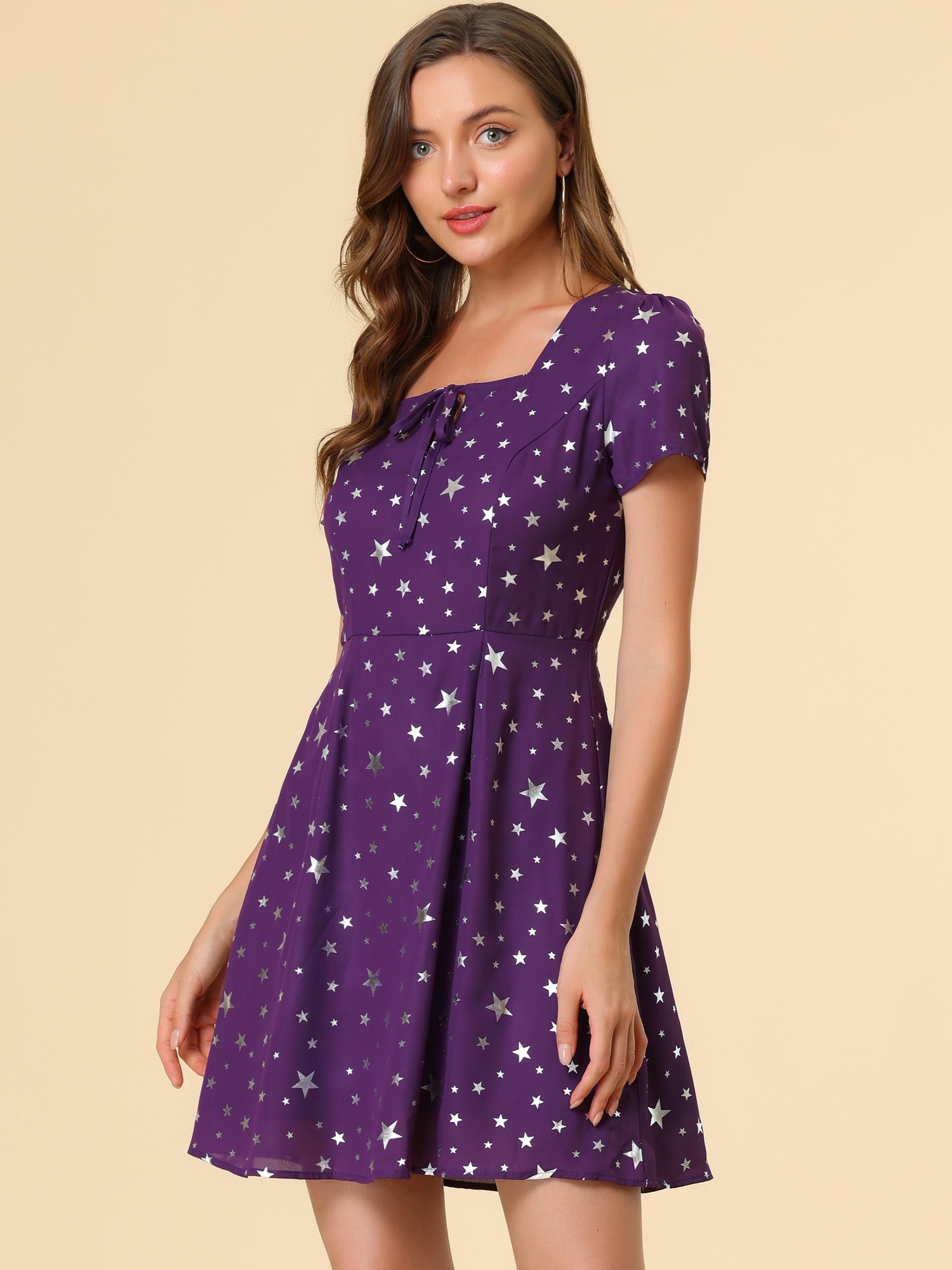 Printed Casual Square Neck Short Sleeve Fit and Flare Dress Purple-Stars/M